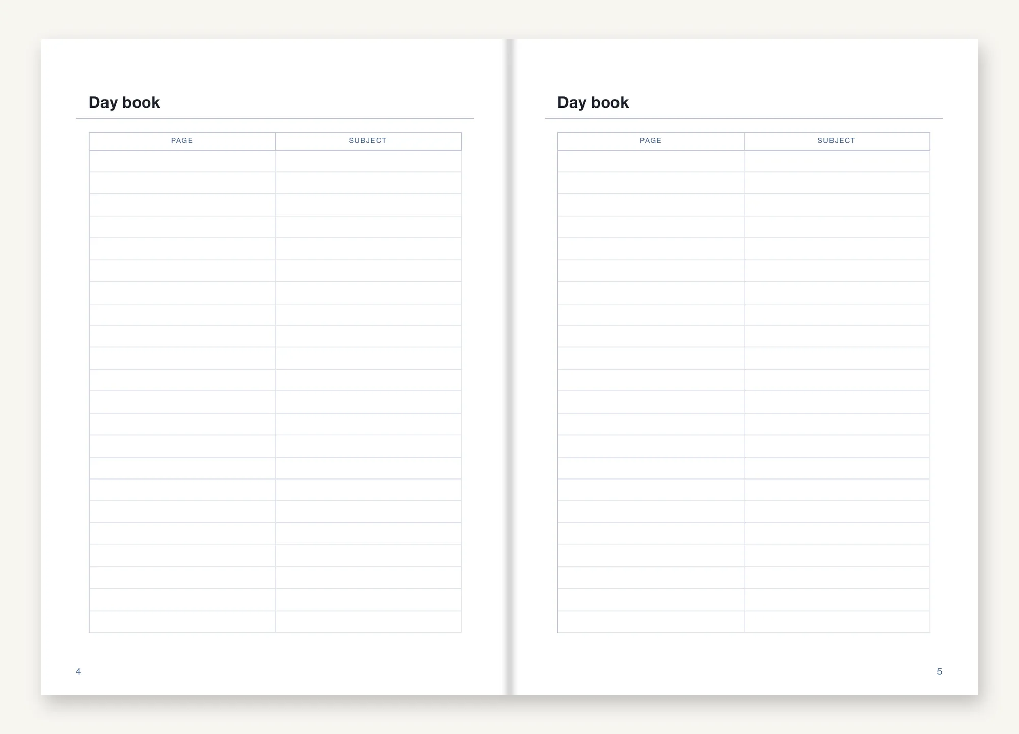 An opening of Numbered and Indexed Dotted Insert: two facing index pages headed Day book, each ruled into a two-column table with page and subject headings, waiting to be filled in.