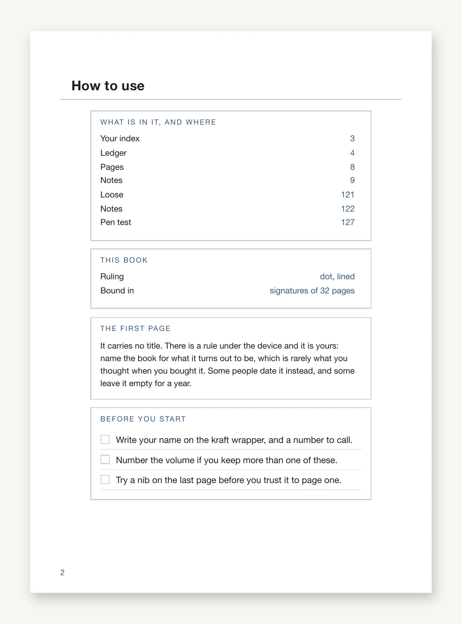 The front matter page, giving the contents and their starting pages, the ruling and the signature count, with a short checklist first.
