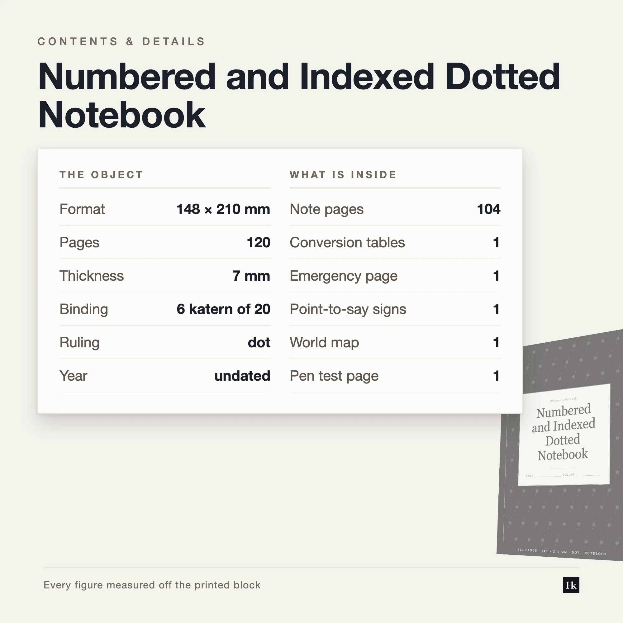 Specification card for the Numbered and Indexed Dotted Notebook listing 104 dot pages, a 4-page index, 5.0 mm pitch, 120 pages total, A5 trim.