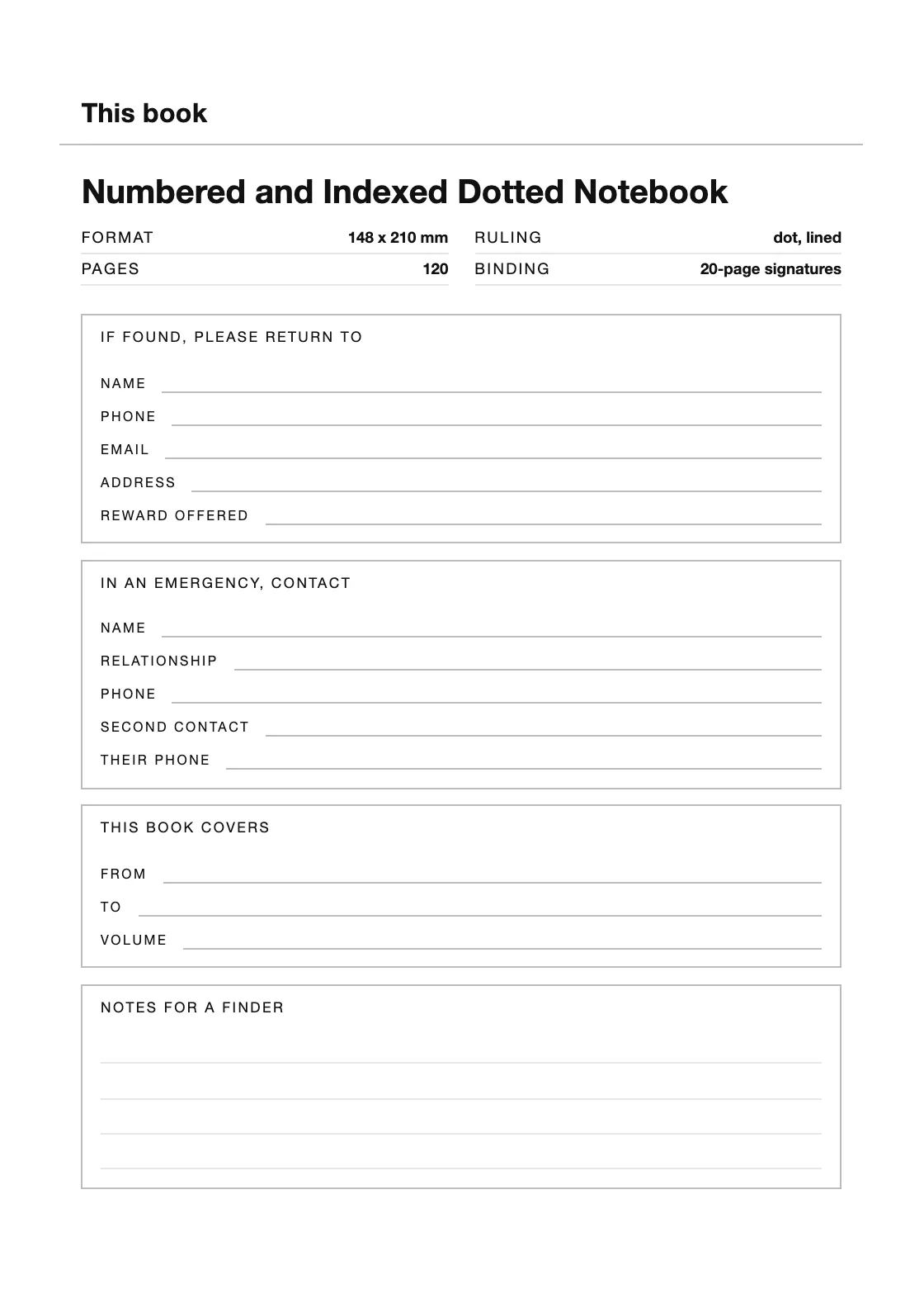 One page for your name and number, so a book that goes missing can come back. — Numbered and Indexed Dotted Notebook