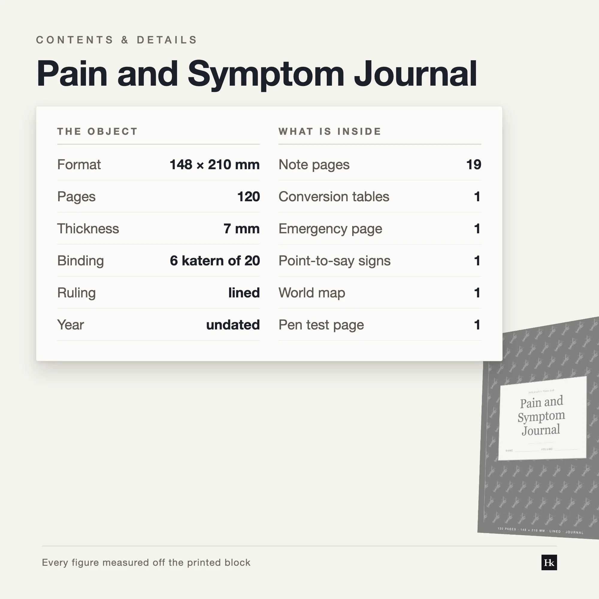 Specification card listing the Pain and Symptom Journal contents: 84 daily pages, 6 reflection pages, 19 notes pages, 120 pages total, A5, six signatures of twenty.