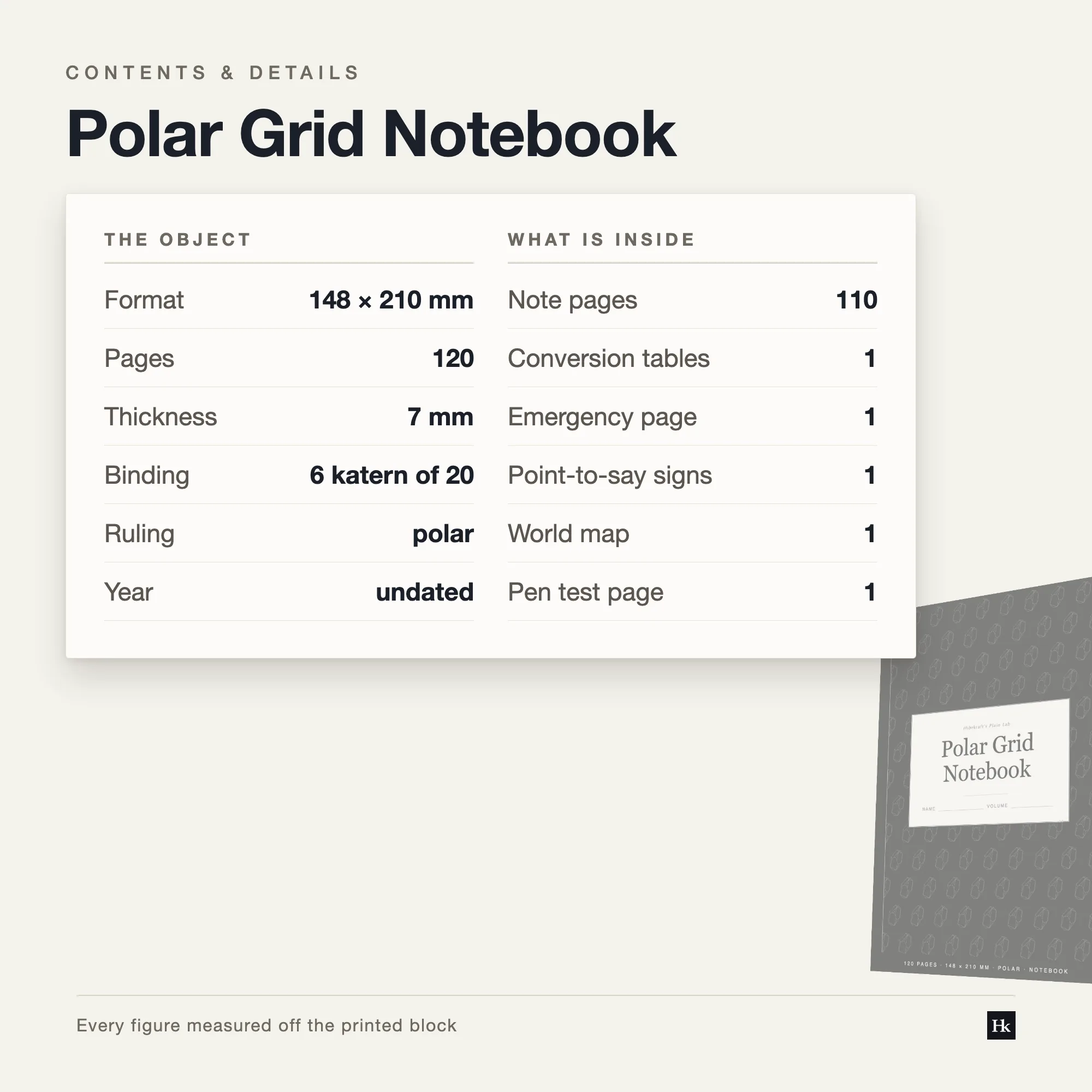 Specification card for the Polar Grid Notebook listing 110 polar-ruled pages at 9.17 mm, 18 rings per page, 120 pages total, A5 trim.