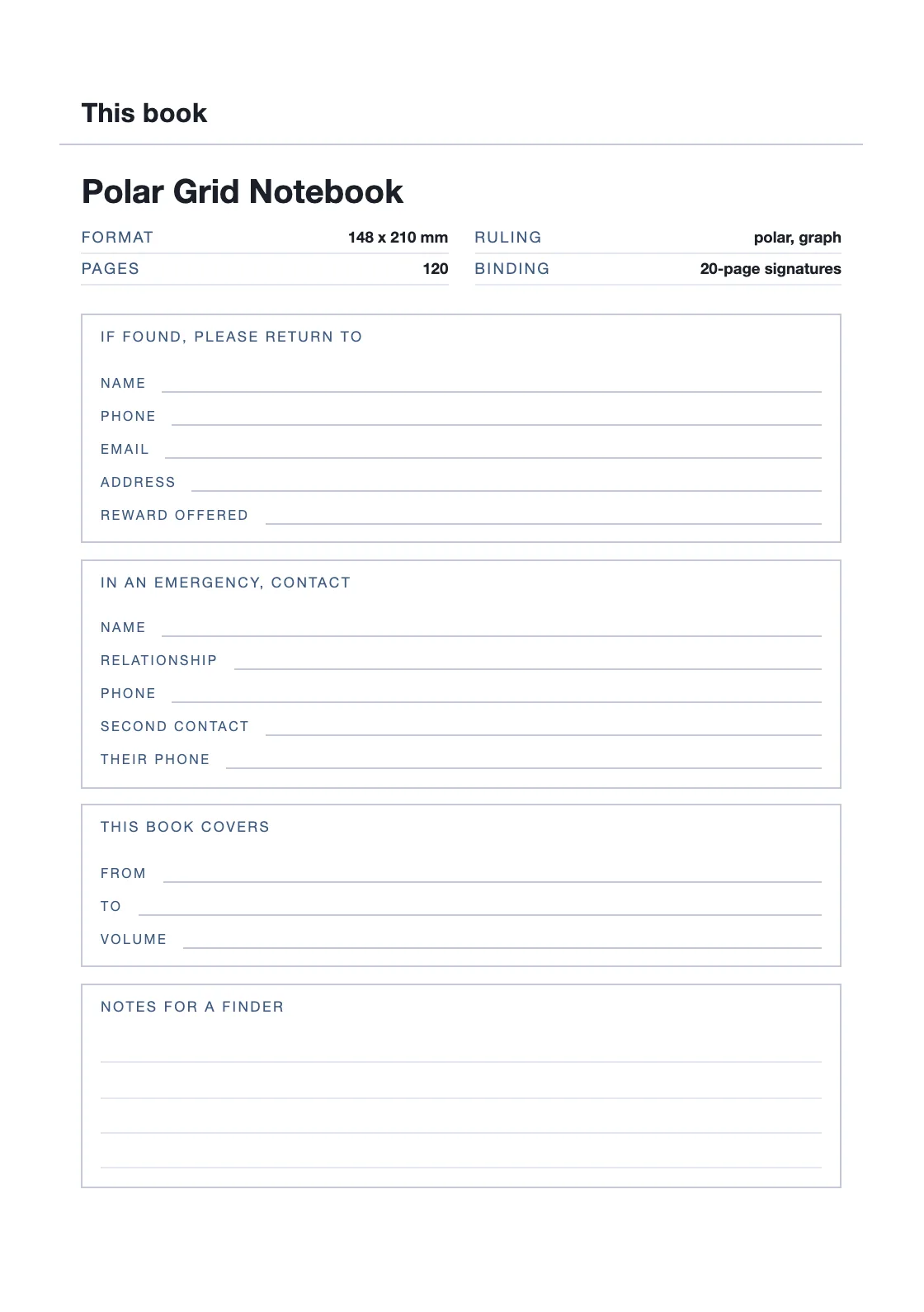 Satu halaman untuk nama dan nomor Anda, supaya buku yang hilang bisa kembali. — Polar Grid Notebook