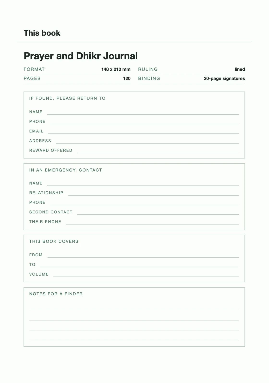One page for your name and number, so a book that goes missing can come back. — Prayer and Dhikr Journal