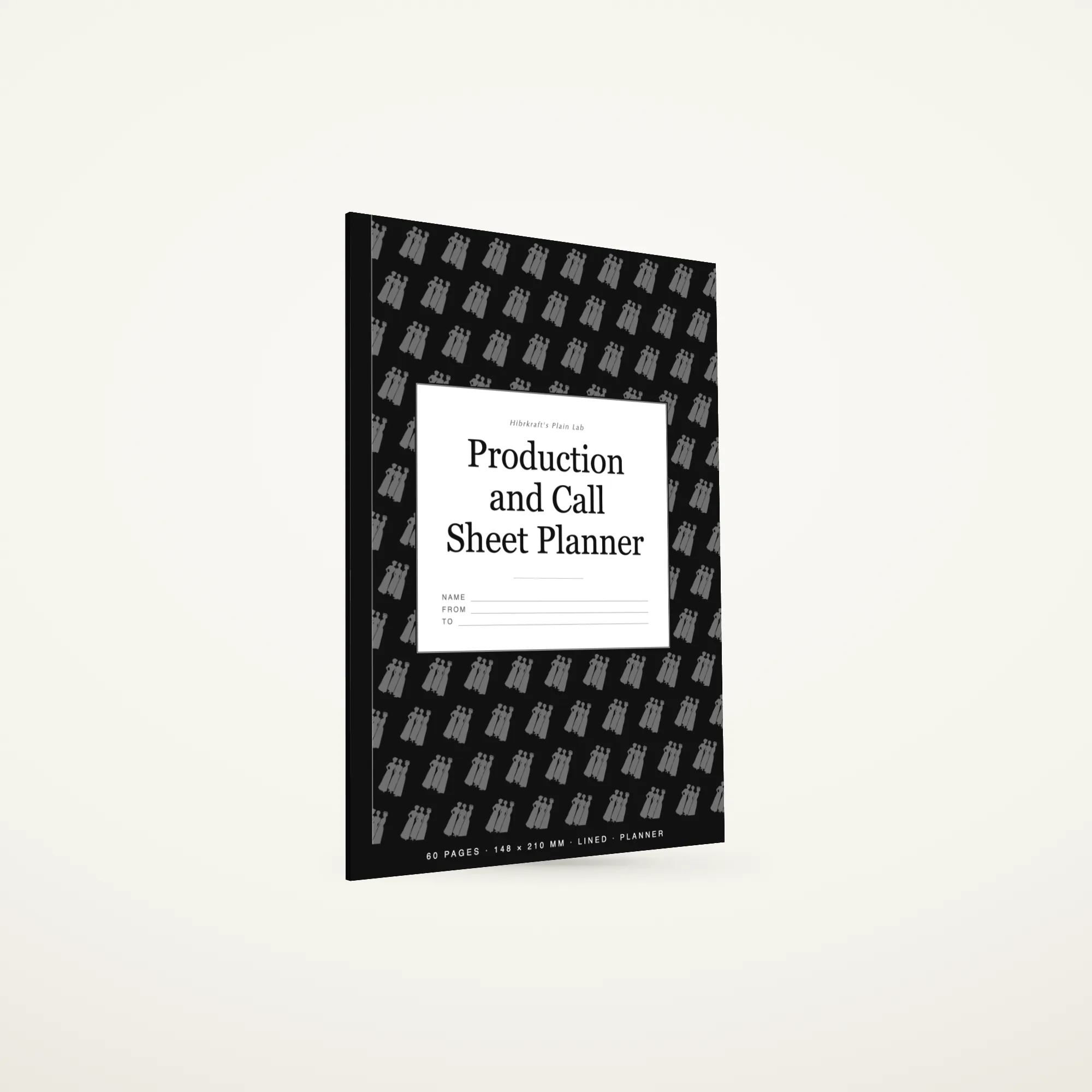 Production and Call Sheet Planner A5 de pé e fechado sobre uma superfície lisa, capa com uma faixa no terço inferior e o título a negativo, com cerca de três milímetros de espessura.