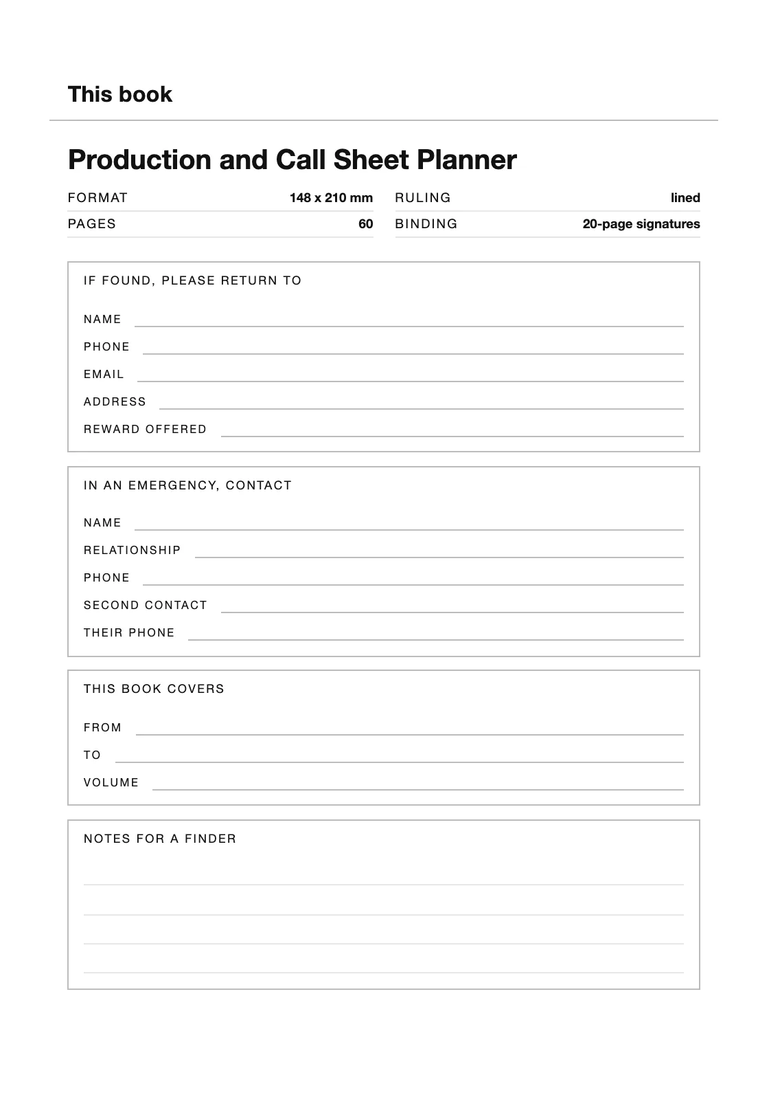 Uma página para o seu nome e número, para que um livro perdido possa voltar. — Production and Call Sheet Planner