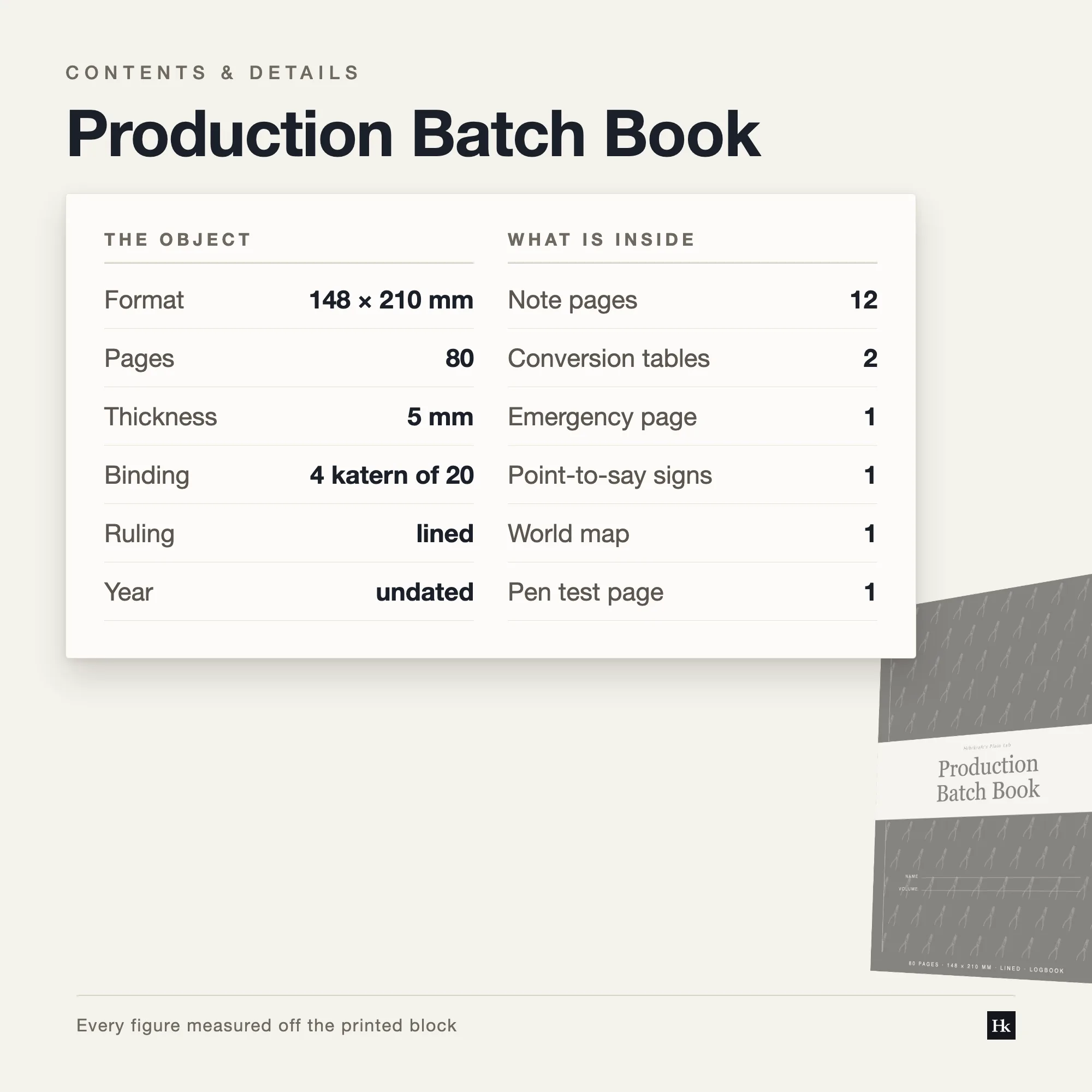 Specification card for the Production Batch Book: day book, job cards, notes, and reference pages, 80 pages total, A5, four signatures of twenty.