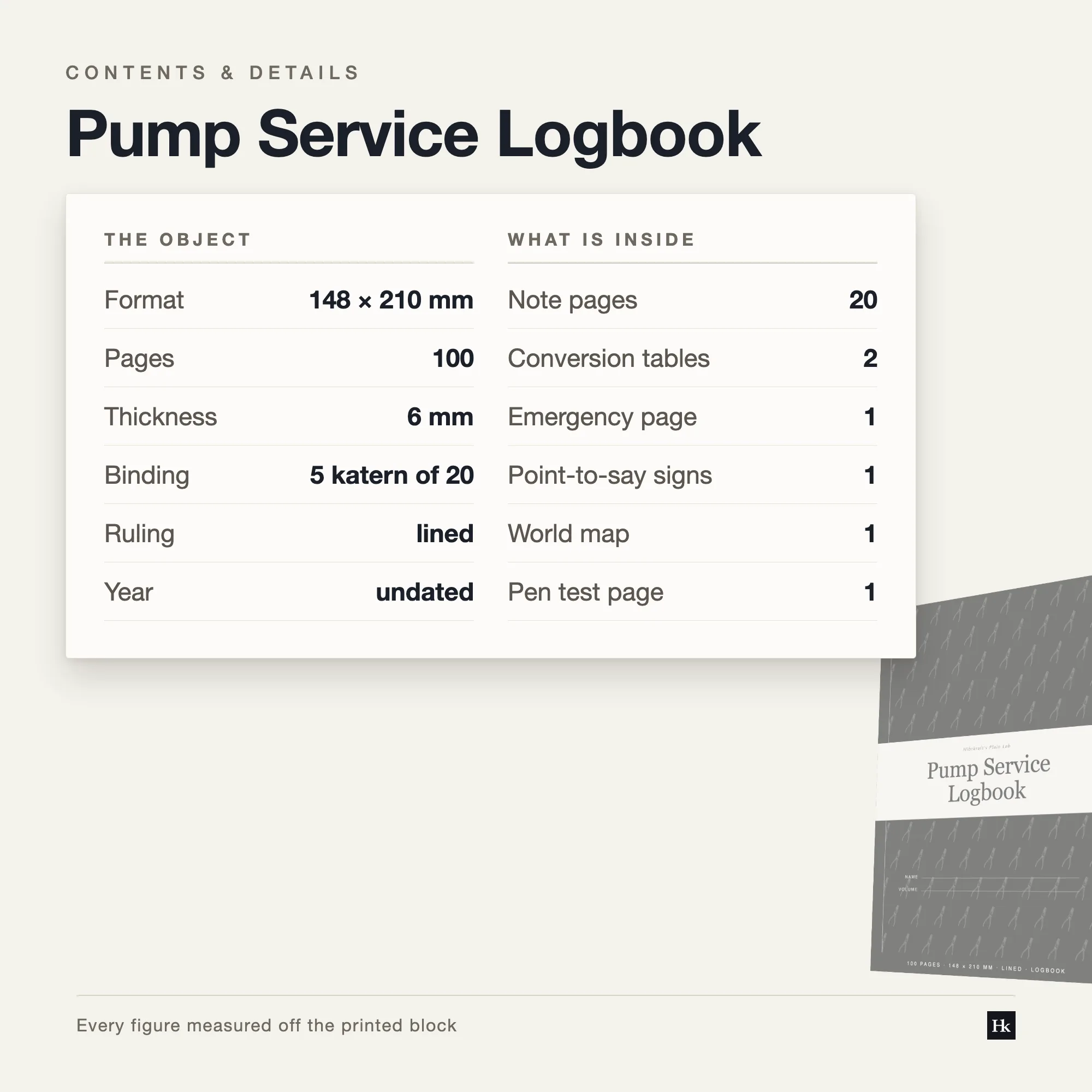 Specification card for the Pump Service Logbook: day book, machine log, notes, and reference pages, 100 pages total, A5, five signatures of twenty.