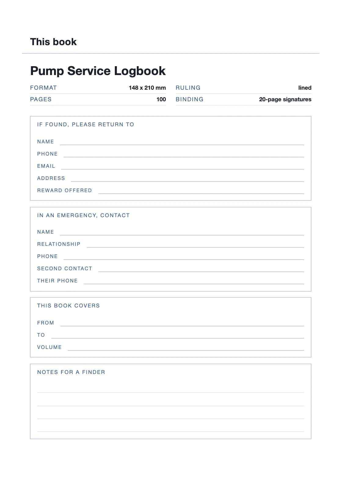 One page for your name and number, so a book that goes missing can come back. — Pump Service Logbook