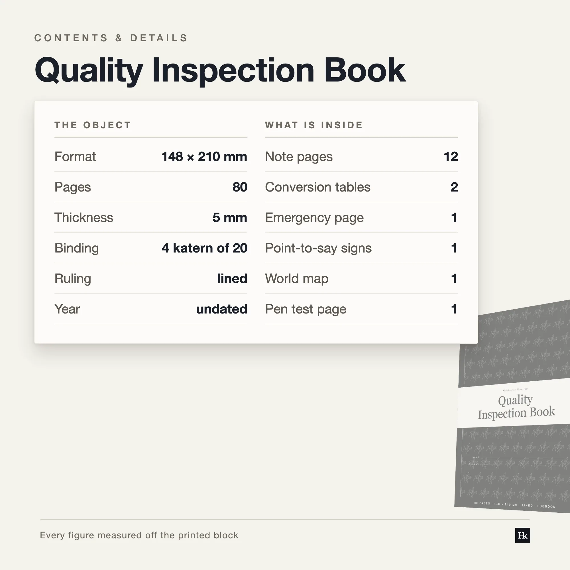 Specification card for the Quality Inspection Book: day book, measurement pages, notes, and reference pages, 80 pages total, A5, four signatures of twenty.