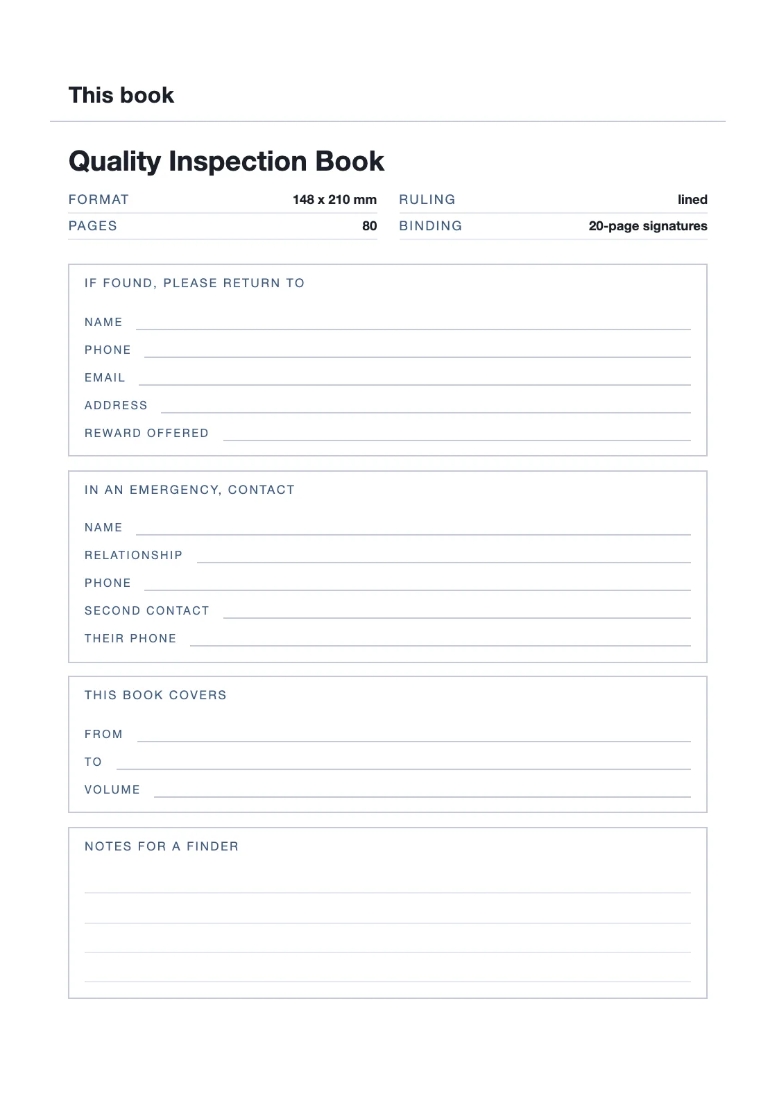 One page for your name and number, so a book that goes missing can come back. — Quality Inspection Book