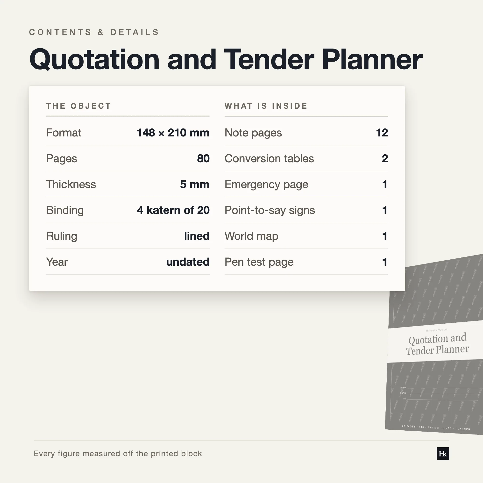 Specification card listing the Quotation and Tender Planner contents: 8 day-book pages, 12 notes pages, 6 reflection pages, 80 pages total, A5 trim.