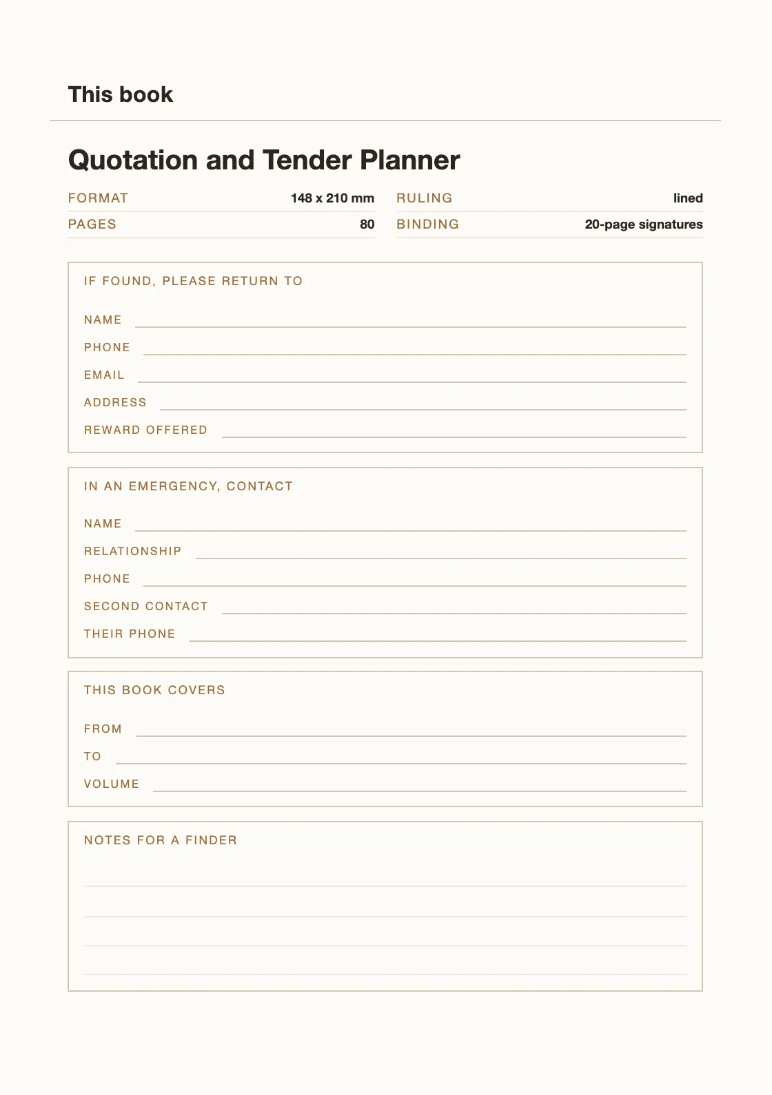 Satu halaman untuk nama dan nomor Anda, supaya buku yang hilang bisa kembali. — Quotation and Tender Planner