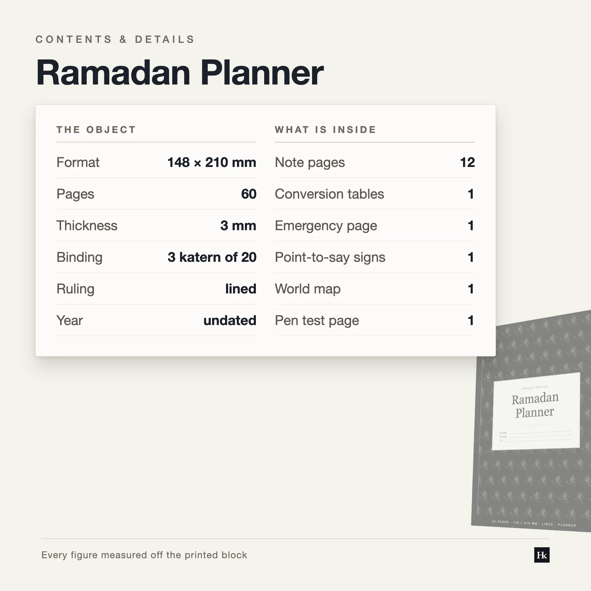 Specification card listing the Ramadan Planner contents: 30 daily pages, 2 goal pages, 12 notes pages, 4 reflection pages, 60 pages total, A5 trim.