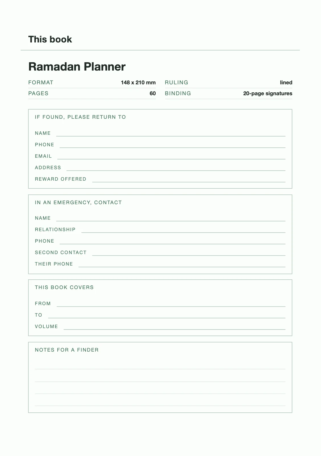 One page for your name and number, so a book that goes missing can come back. — Ramadan Planner