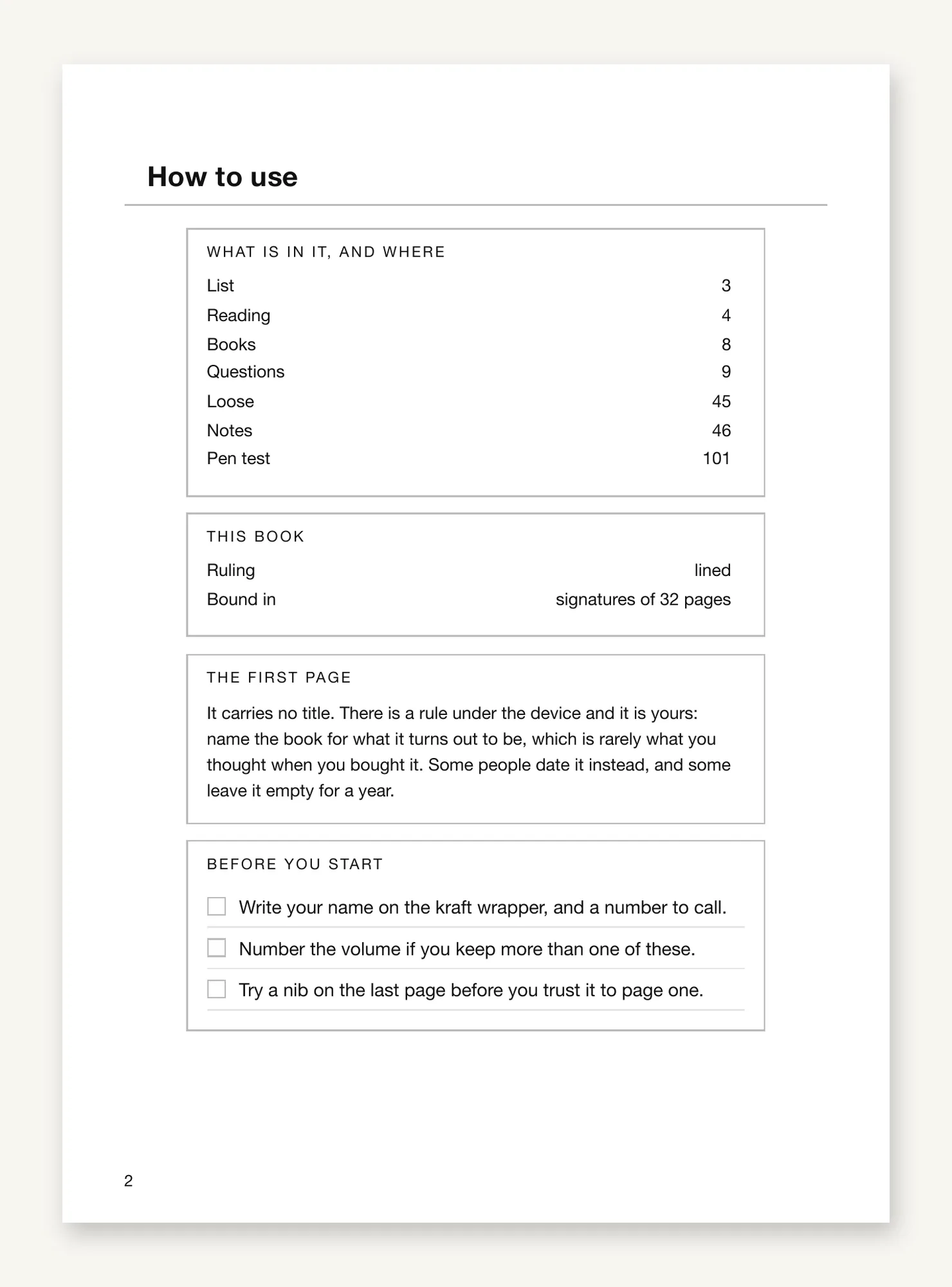 The front matter page, naming the reading list and the notes section with their pages, the ruling and the signature count, then a short checklist.