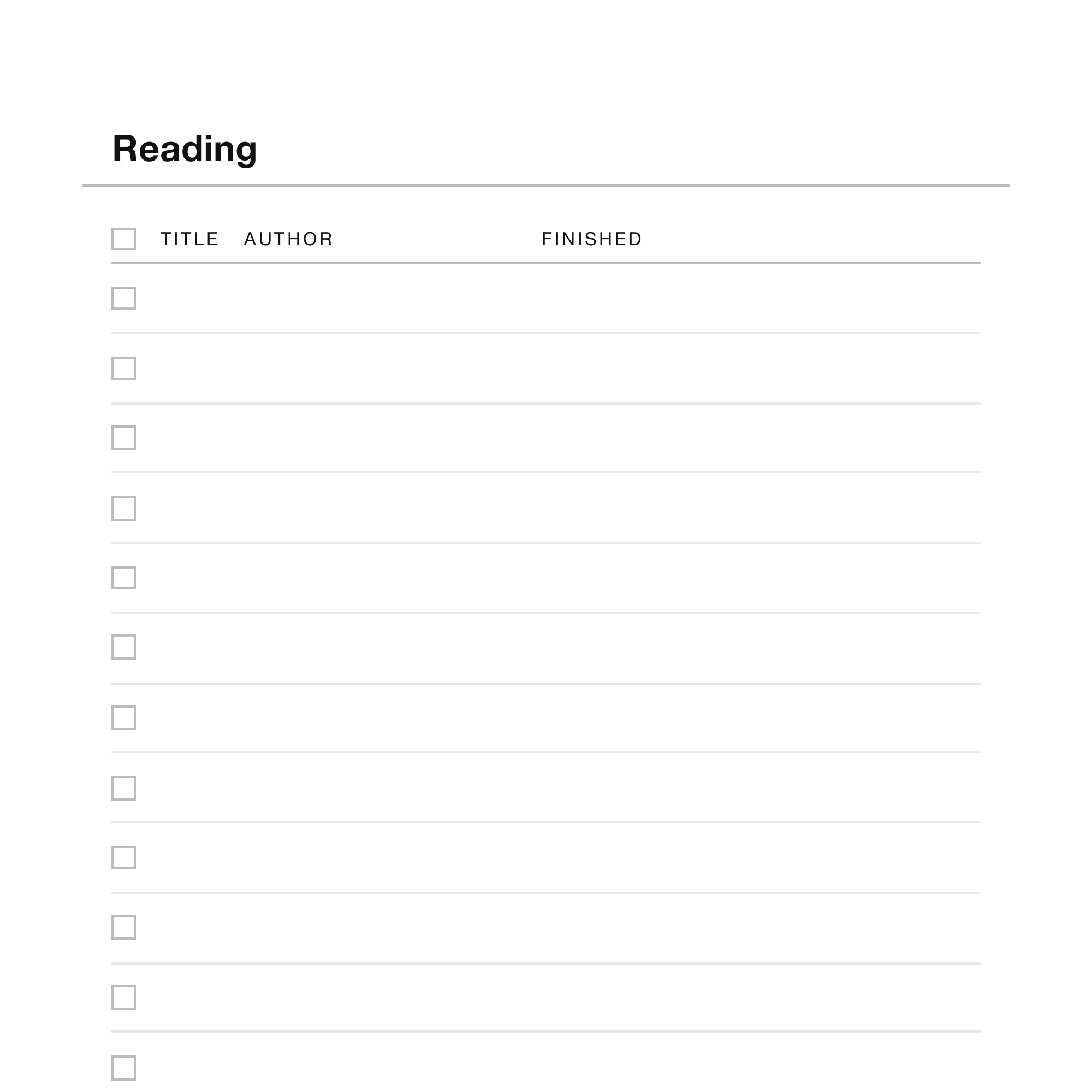 A close view of the reading table, showing the title, author and finished column headings and the ruled rows beneath.