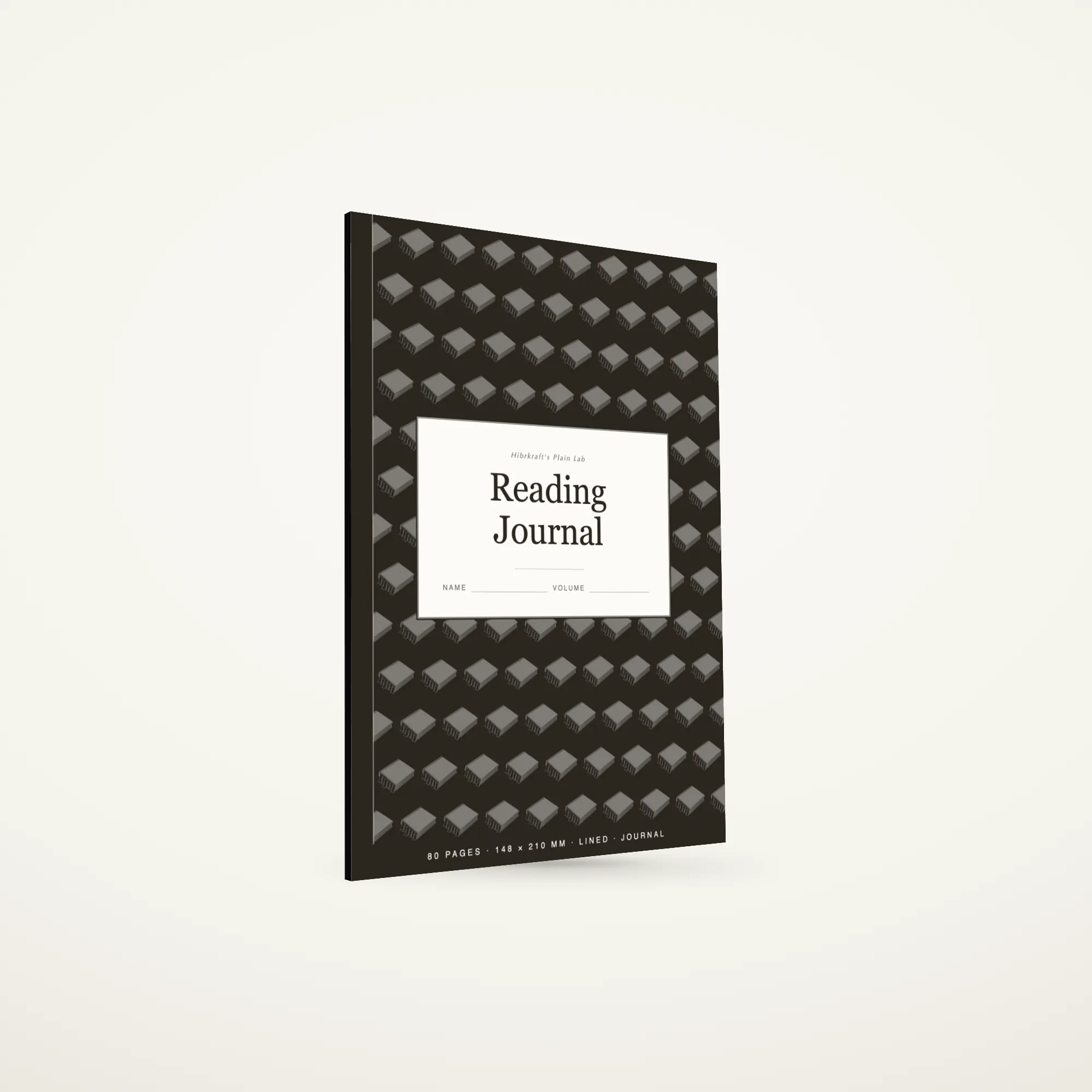 Reading Journal A5 de pé e fechado sobre uma superfície lisa, capa com um motivo de livros, com cerca de cinco milímetros de espessura.