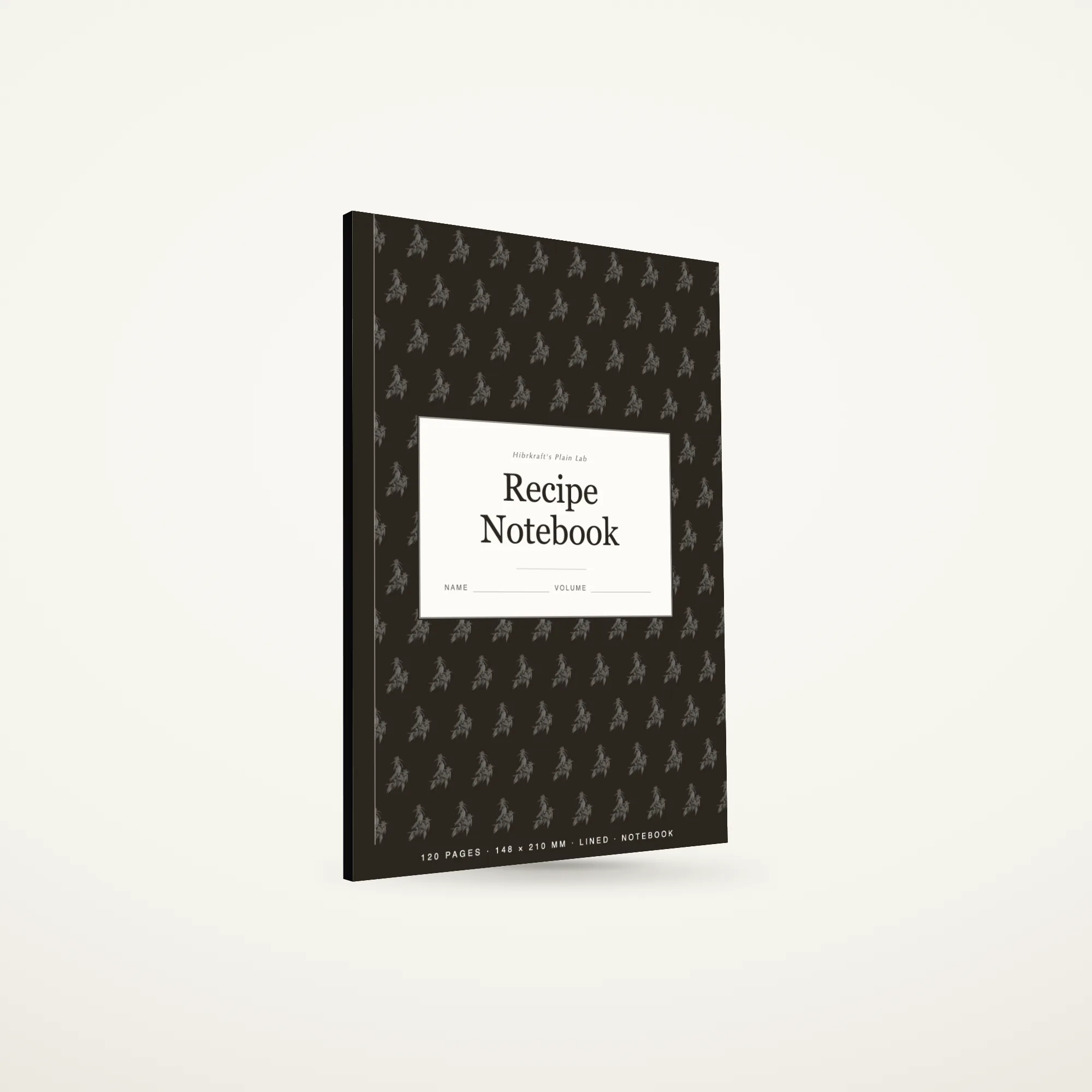 Recipe Notebook A5 berdiri tertutup, sampul pasir dengan motif botani dicetak terbalik, tebal sekitar tujuh milimeter.