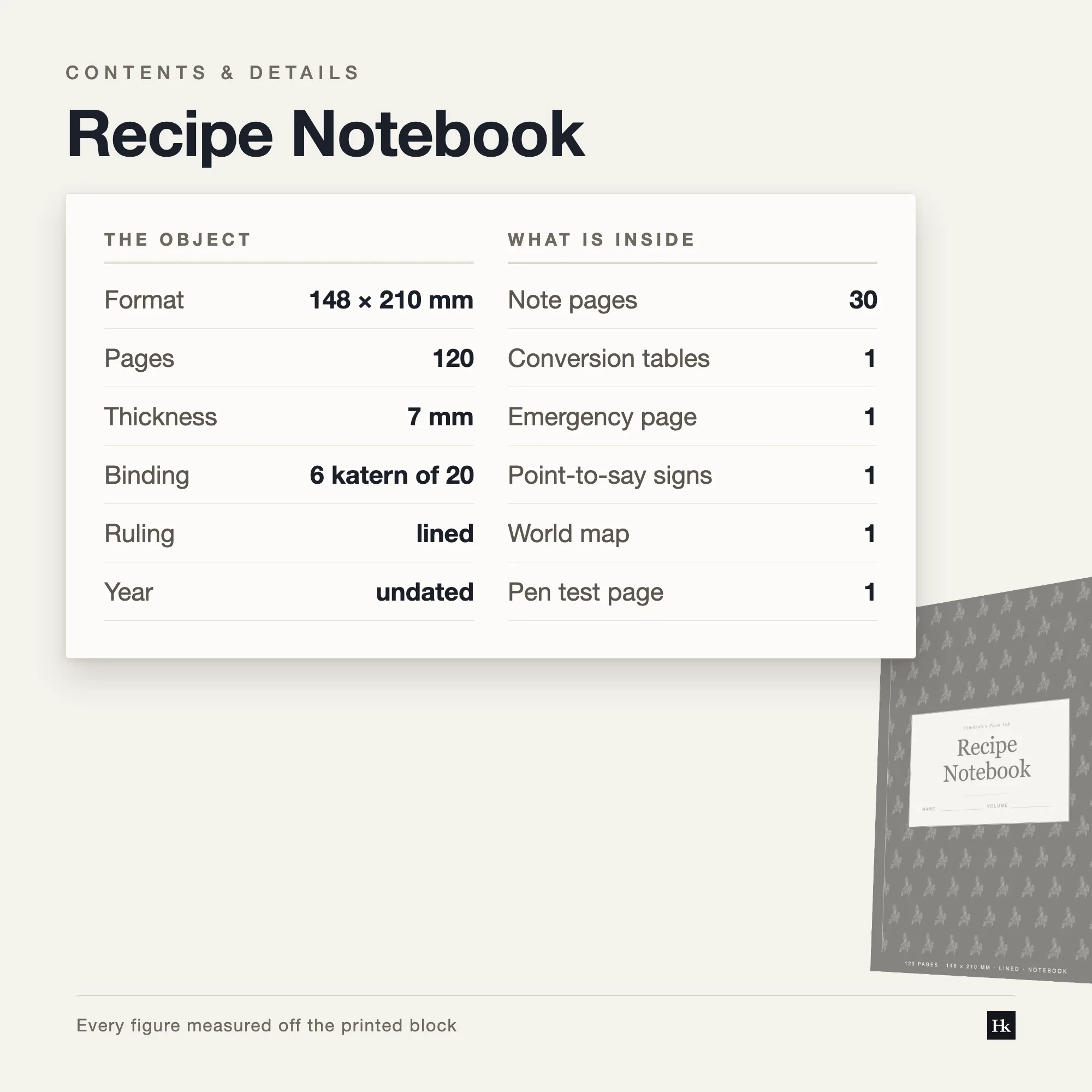 Specification card for the Recipe Notebook: eighty recipe-format pages, thirty lined pages, one hundred twenty pages total, A5 trim.