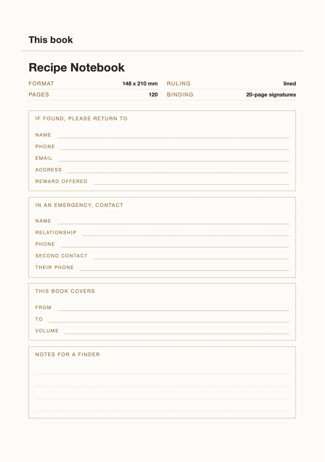 One page for your name and number, so a book that goes missing can come back. — Recipe Notebook