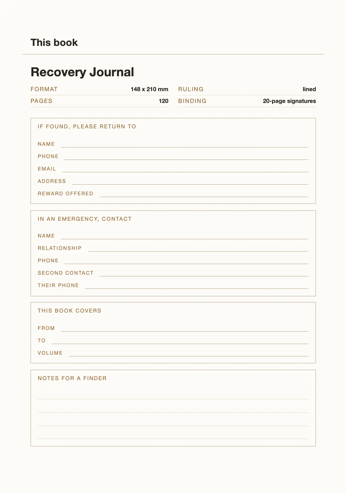 Satu halaman untuk nama dan nomor Anda, supaya buku yang hilang bisa kembali. — Recovery Journal
