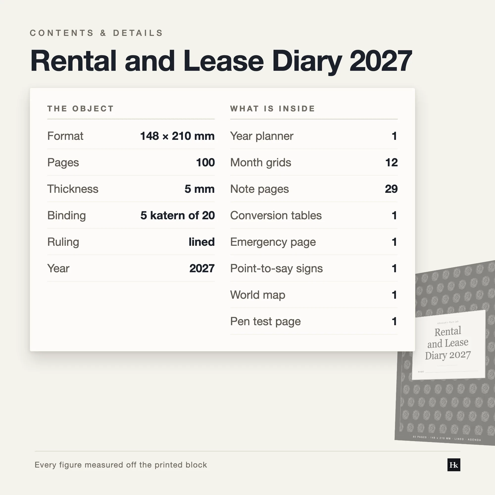 Specification card for the Rental and Lease Diary 2027: daybook, month, notes and reference pages, one hundred pages total, A5, five signatures of twenty.