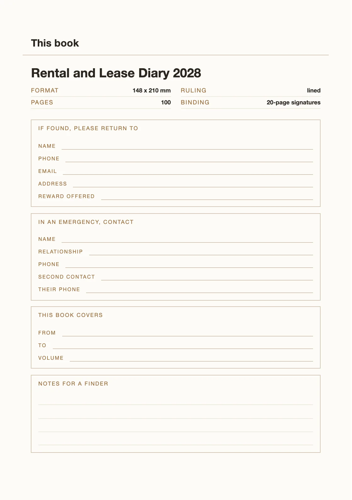 Satu halaman untuk nama dan nomor Anda, supaya buku yang hilang bisa kembali. — Rental and Lease Diary 2028