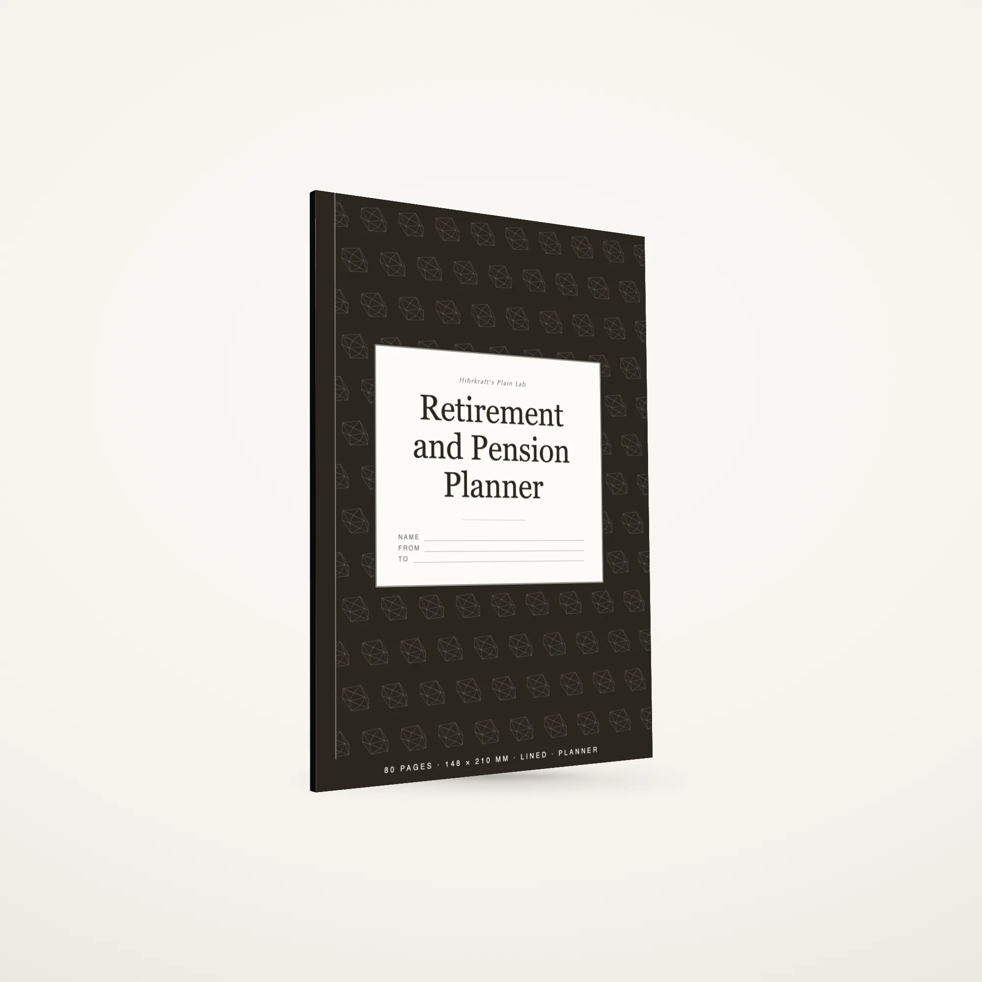A5 Retirement and Pension Planner standing closed on a plain surface, cover banded across the lower third with the title reversed out, about five millimetres thick.