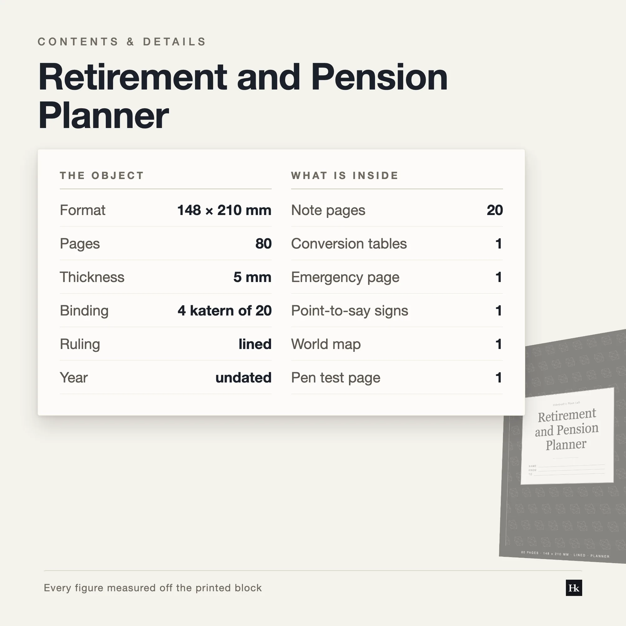 Specification card listing the Retirement and Pension Planner contents: 20 day-book pages, 24 finance pages, 3 goal pages, 20 notes pages, 80 pages total, A5 trim.