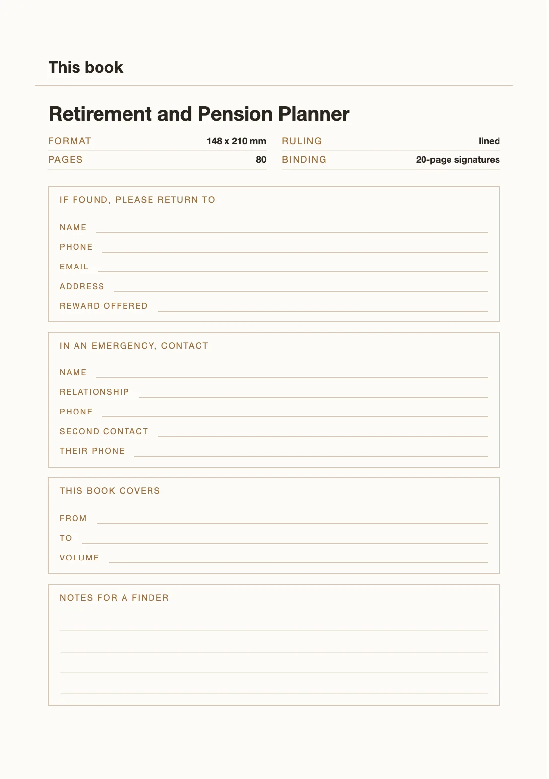 One page for your name and number, so a book that goes missing can come back. — Retirement and Pension Planner