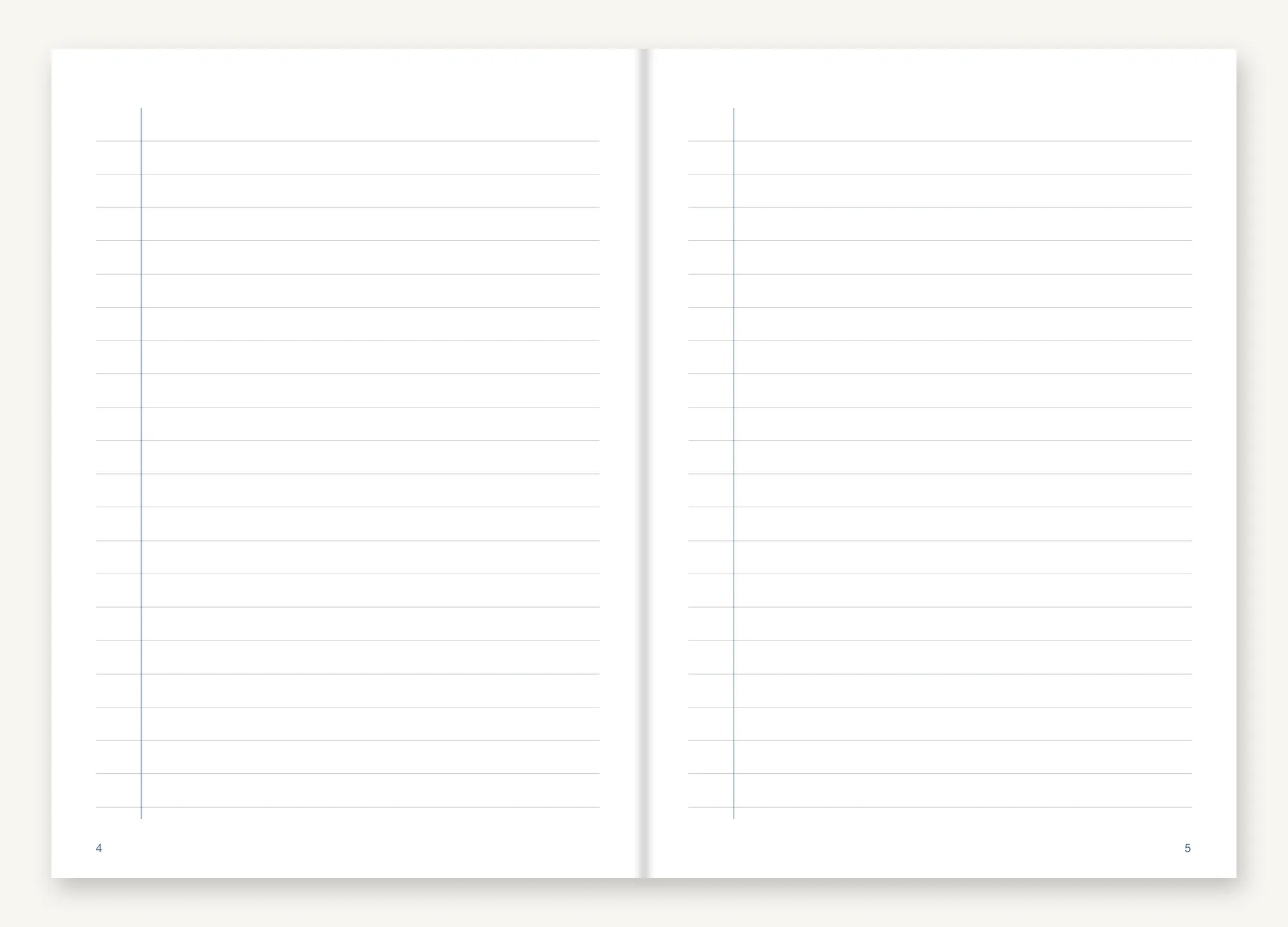 An opening of Ruled Insert College: two facing white pages, each ruled in faint grey with a single vertical margin rule down the left.