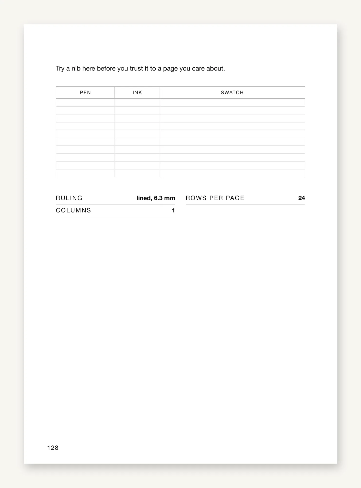 The pen-test leaf, with pen, ink and swatch columns and the figures printed at the foot: lined, 6.3 mm, 24 rows per page, one column.