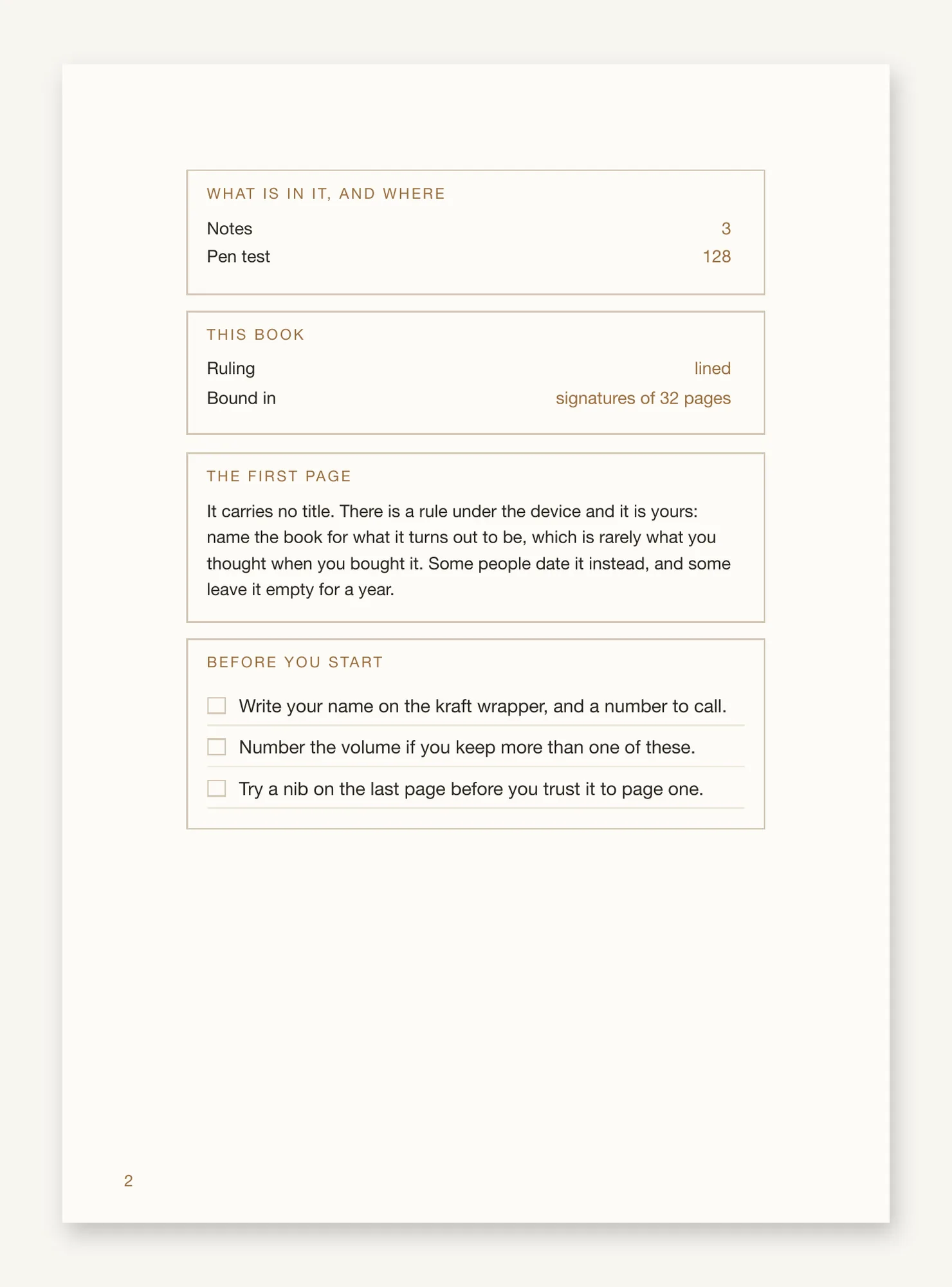 The front matter page, giving the contents and their starting pages, the ruling, the signature count, and a checklist for before you start.