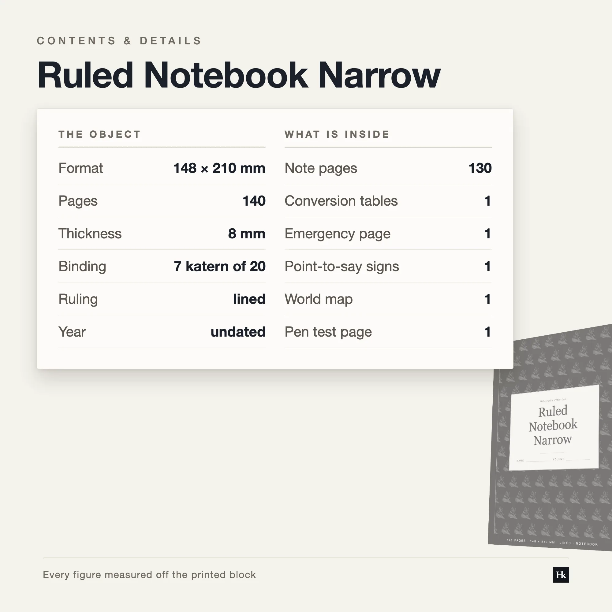 Specification card for the Ruled Notebook Narrow listing 130 lined pages, 6.35 mm pitch, 27 rows, 140 pages total, A5 trim.