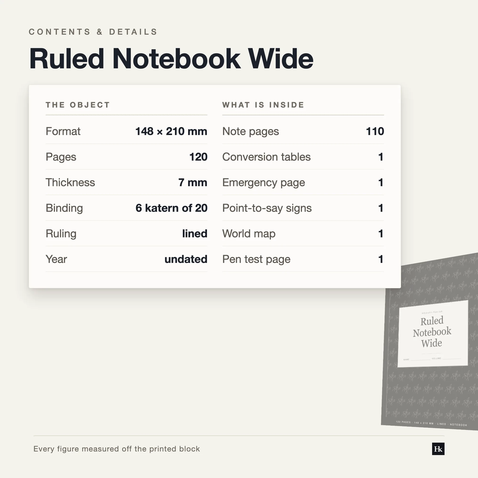 Specification card for the Ruled Notebook Wide listing 110 ruled pages at 8.73 mm (11/32 in), 19 lines per page, 120 pages total, A5 trim.
