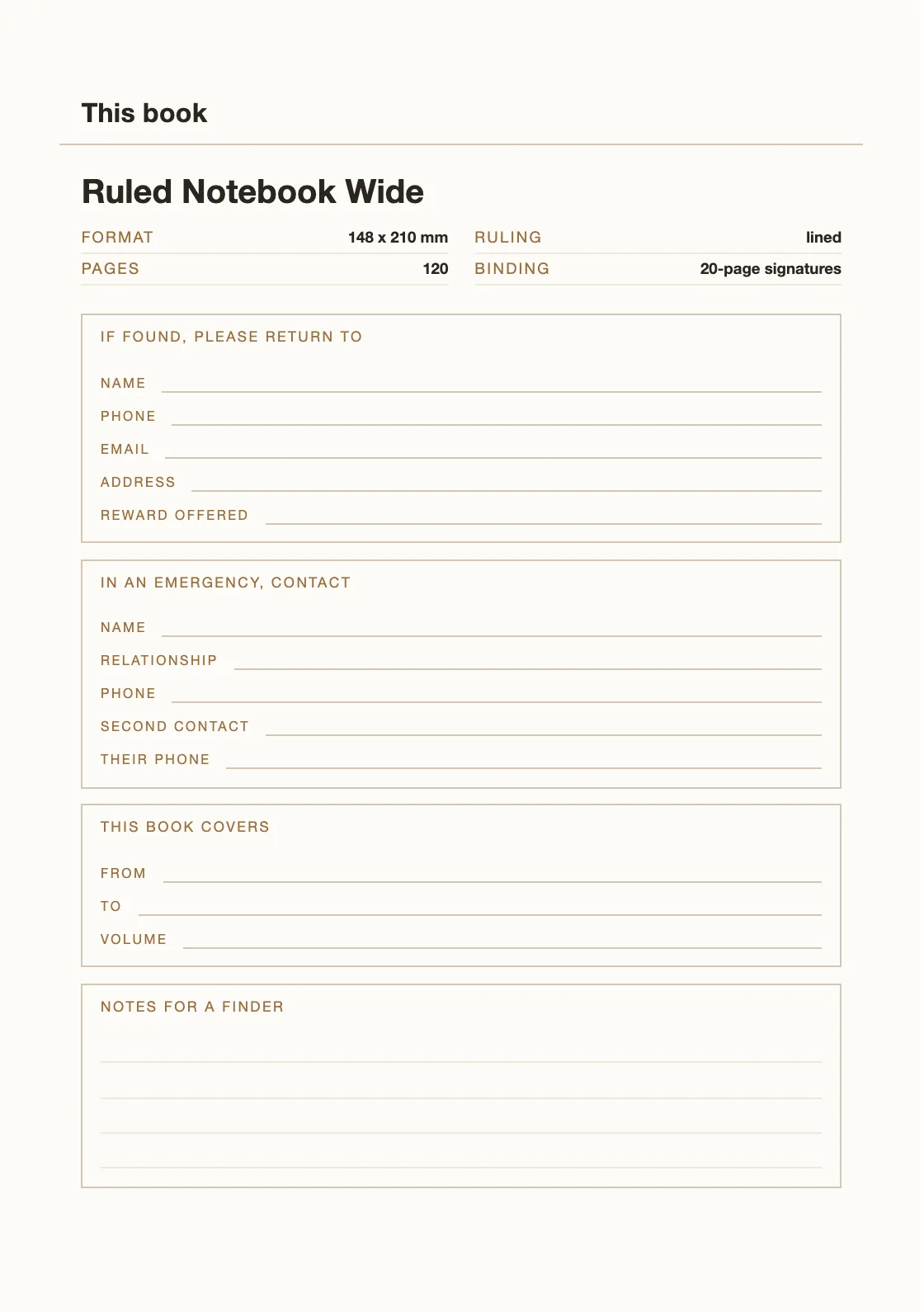 Satu halaman untuk nama dan nomor Anda, supaya buku yang hilang bisa kembali. — Ruled Notebook Wide