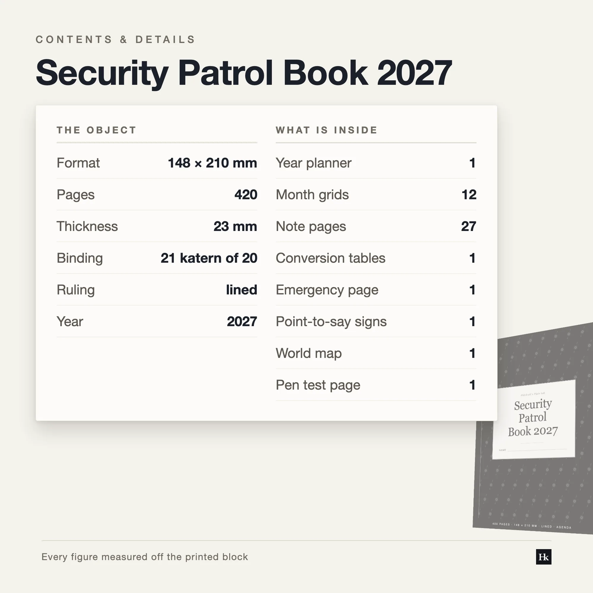 Specification card listing the Security Patrol Book 2027 contents: daily pages, Keys and access pages, notes pages, 420 pages total, A5 trim, twenty-one signatures of twenty.