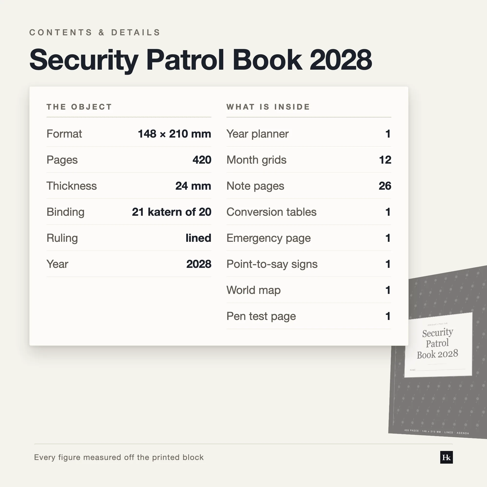Specification card listing the Security Patrol Book 2028 contents: daily pages, Keys and access pages, notes pages, 420 pages total, A5 trim, twenty-one signatures of twenty.