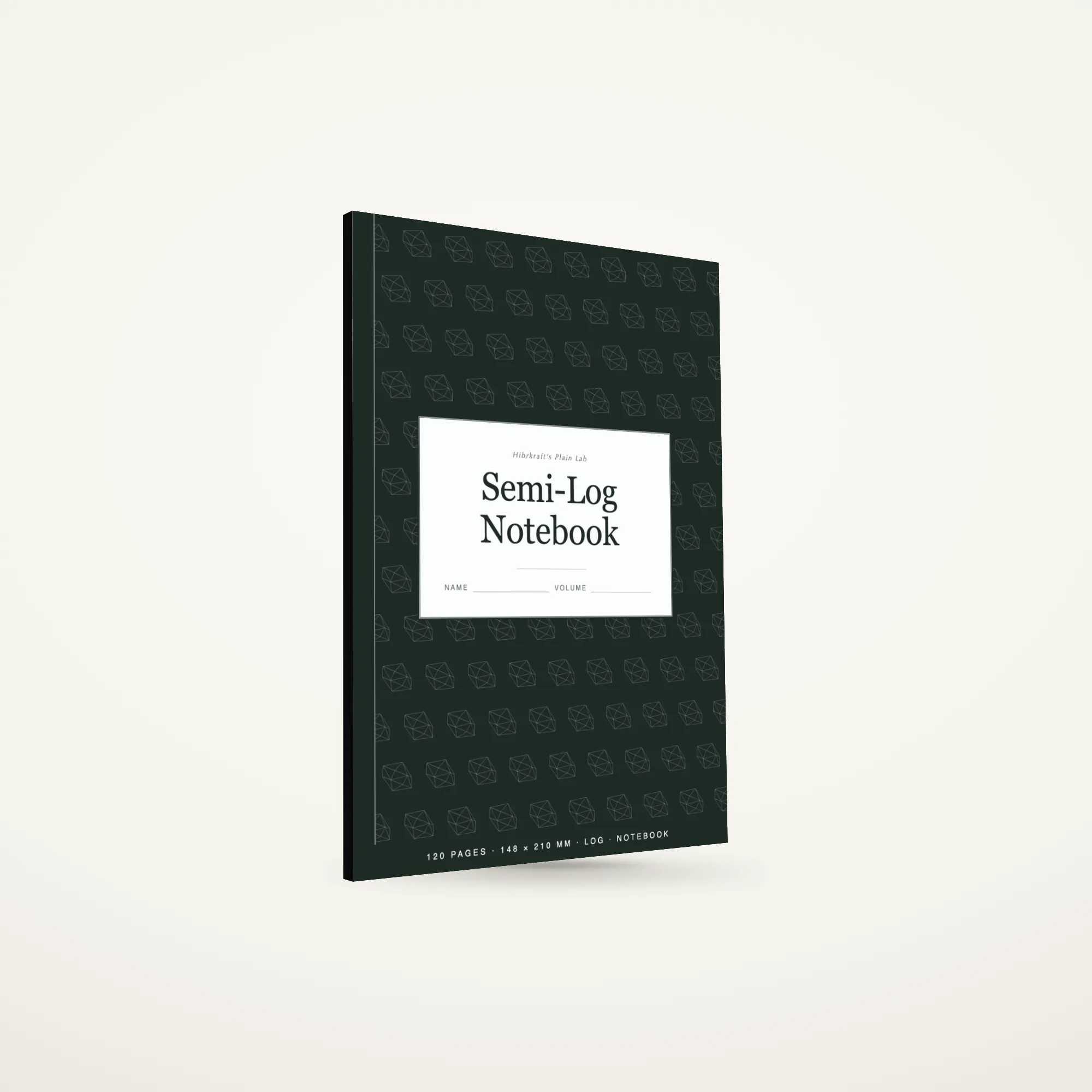 Semi-Log Notebook A5 berdiri tertutup, sampul sage dengan motif berlian potong dicetak terbalik, tebal sekitar tujuh milimeter.