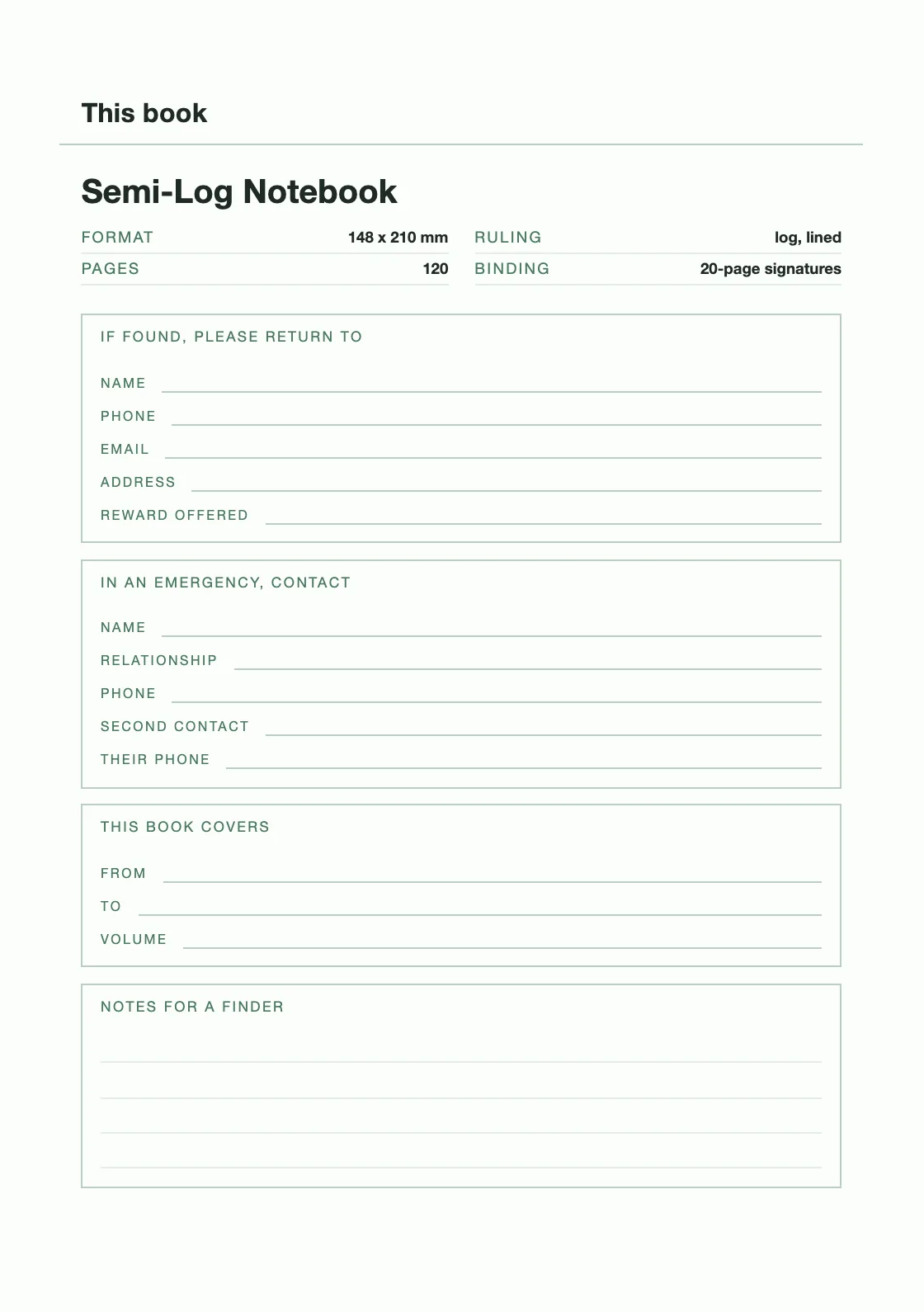 Uma página para o seu nome e número, para que um livro perdido possa voltar. — Semi-Log Notebook