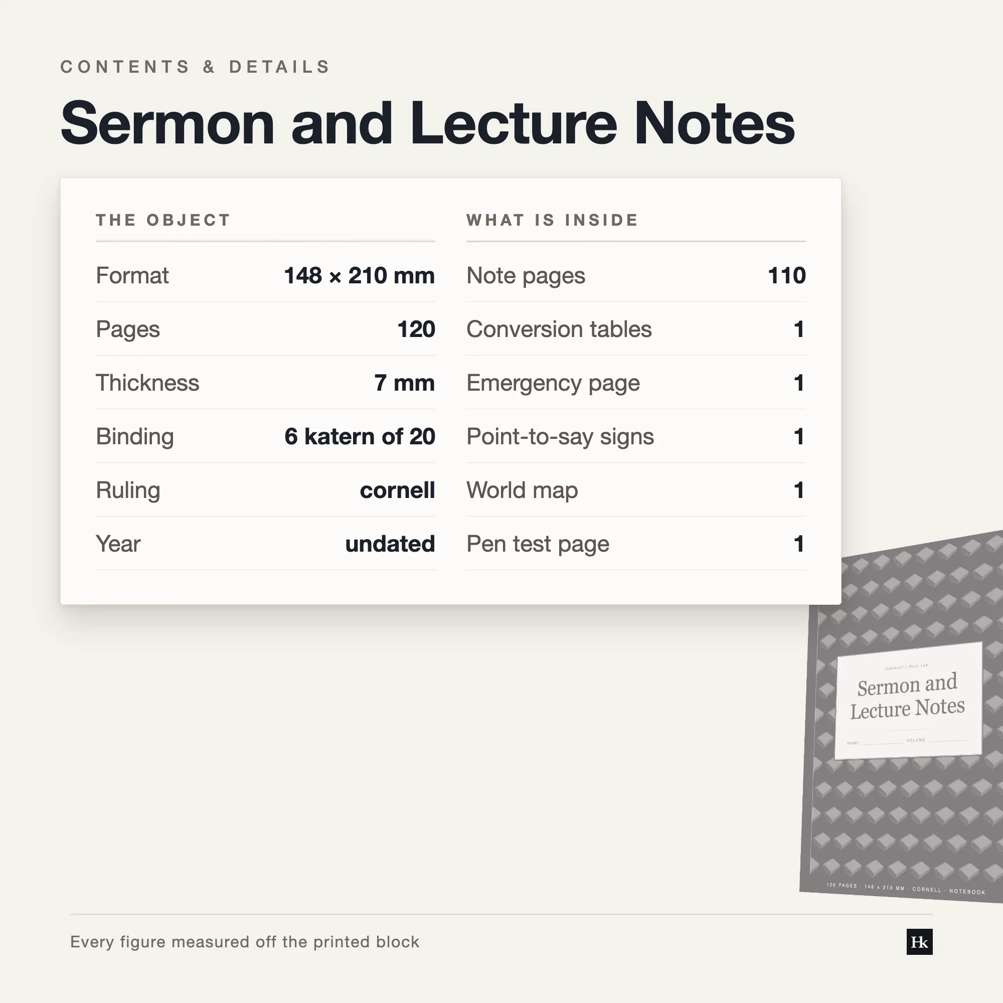 Specification card for Sermon and Lecture Notes listing 110 ruled pages, 9.17 mm pitch, 18 sets per page, 120 pages total, A5 trim.