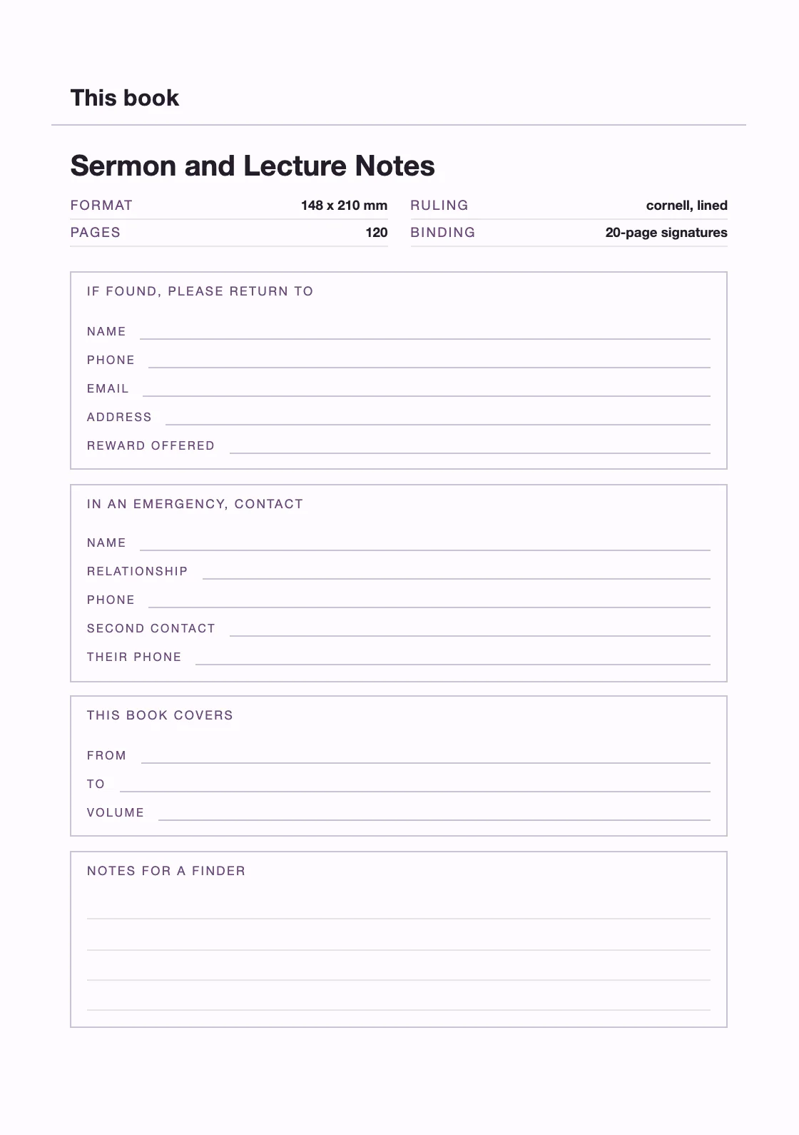 Satu halaman untuk nama dan nomor Anda, supaya buku yang hilang bisa kembali. — Sermon and Lecture Notes