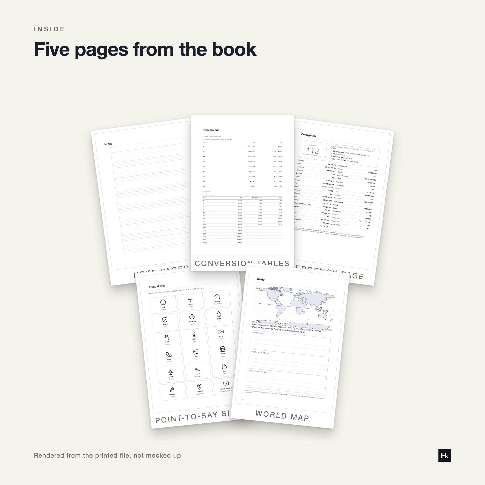 Five pages from the Seyes Ruled Notebook shown as cards: a Seyes-ruled page, a section divider, a conversion table, a world map page, and the pen test page.