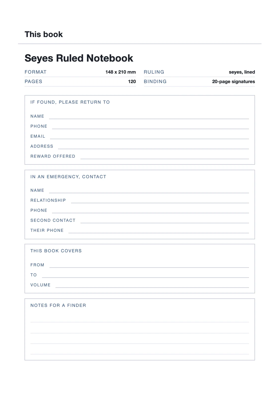 Satu halaman untuk nama dan nomor Anda, supaya buku yang hilang bisa kembali. — Seyes Ruled Notebook