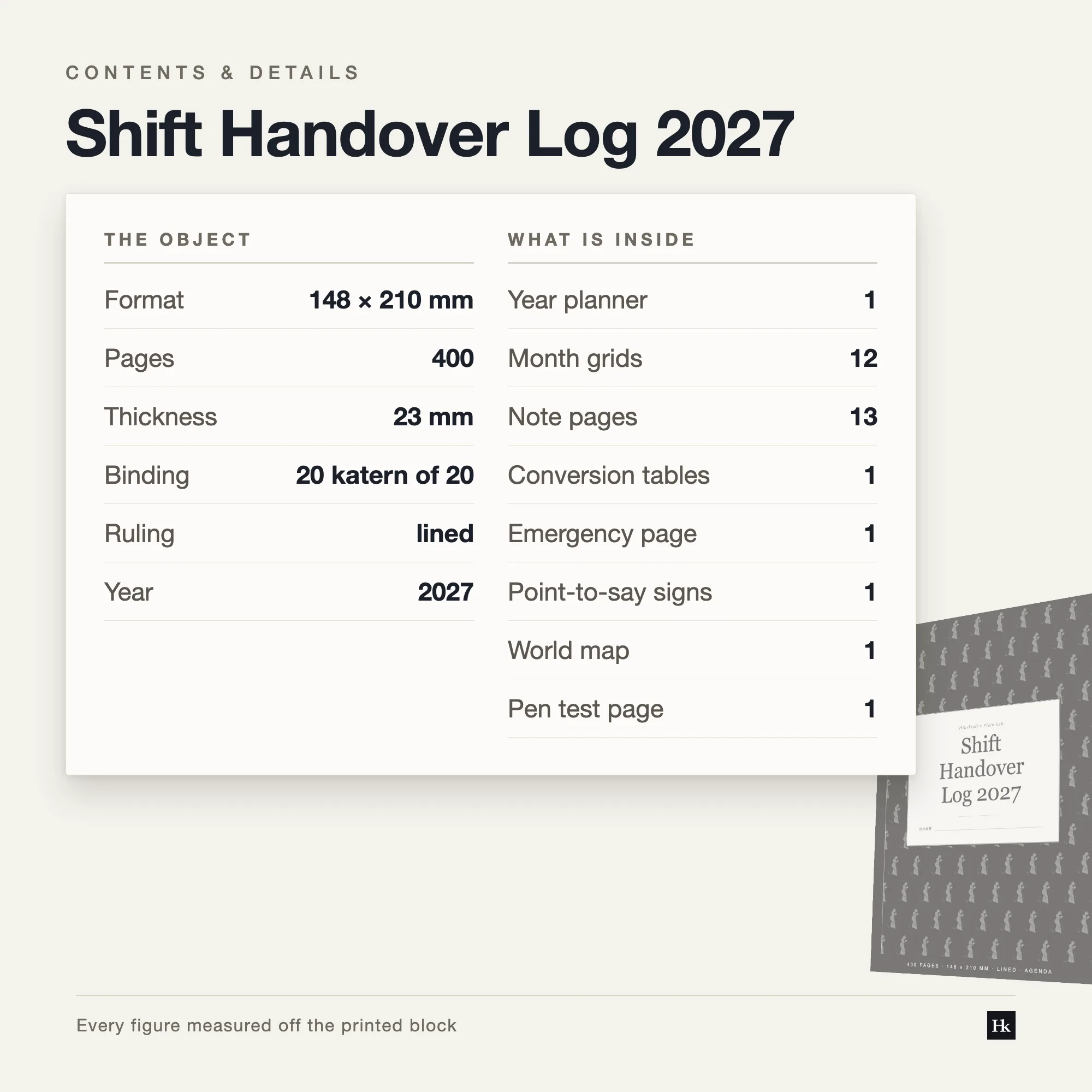Specification card listing the Shift Handover Log 2027 contents: 365 handover pages, 12 monthly pages, 13 notes pages, 400 pages total, A5 trim, twenty signatures of twenty.