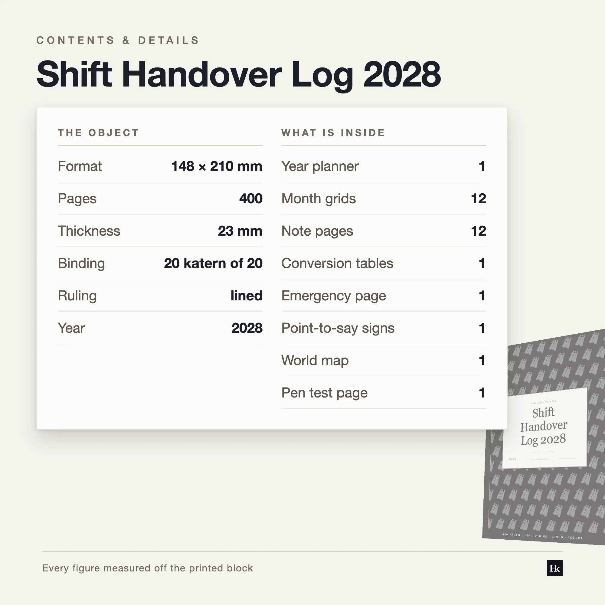 Specification card listing the Shift Handover Log 2028 contents: 366 handover pages, 12 monthly pages, 12 notes pages, 400 pages total, A5 trim, twenty signatures of twenty.