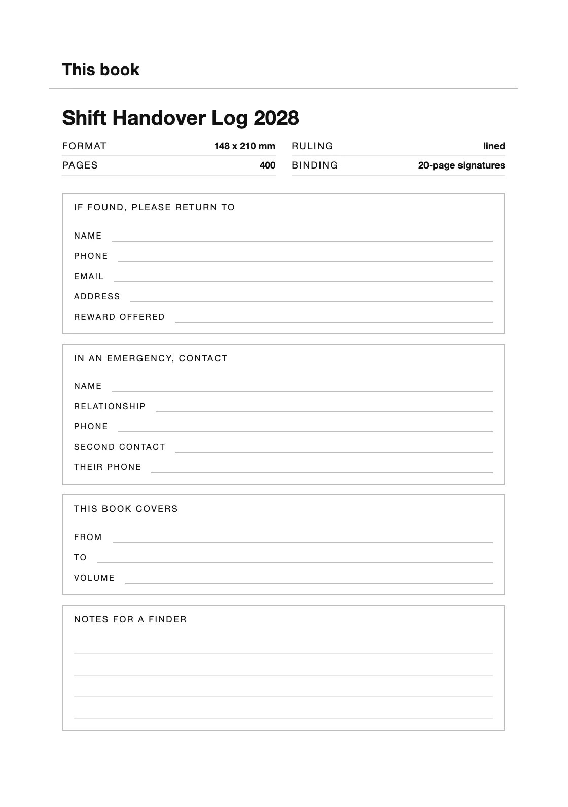 Satu halaman untuk nama dan nomor Anda, supaya buku yang hilang bisa kembali. — Shift Handover Log 2028