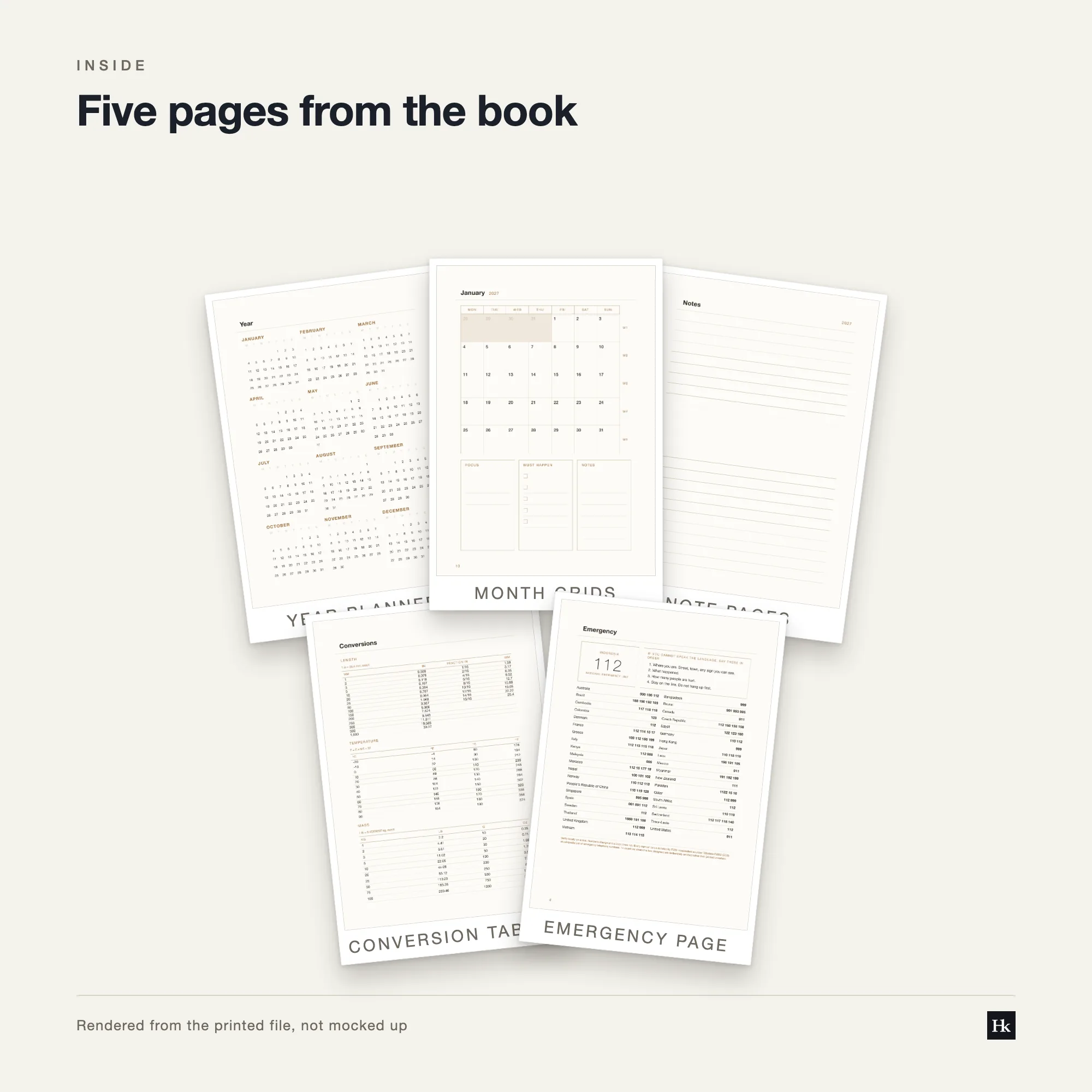 Five pages from the Site Diary laid out as cards: a filled day page, a month spread, a notes page, a reference table, and the pen test page.