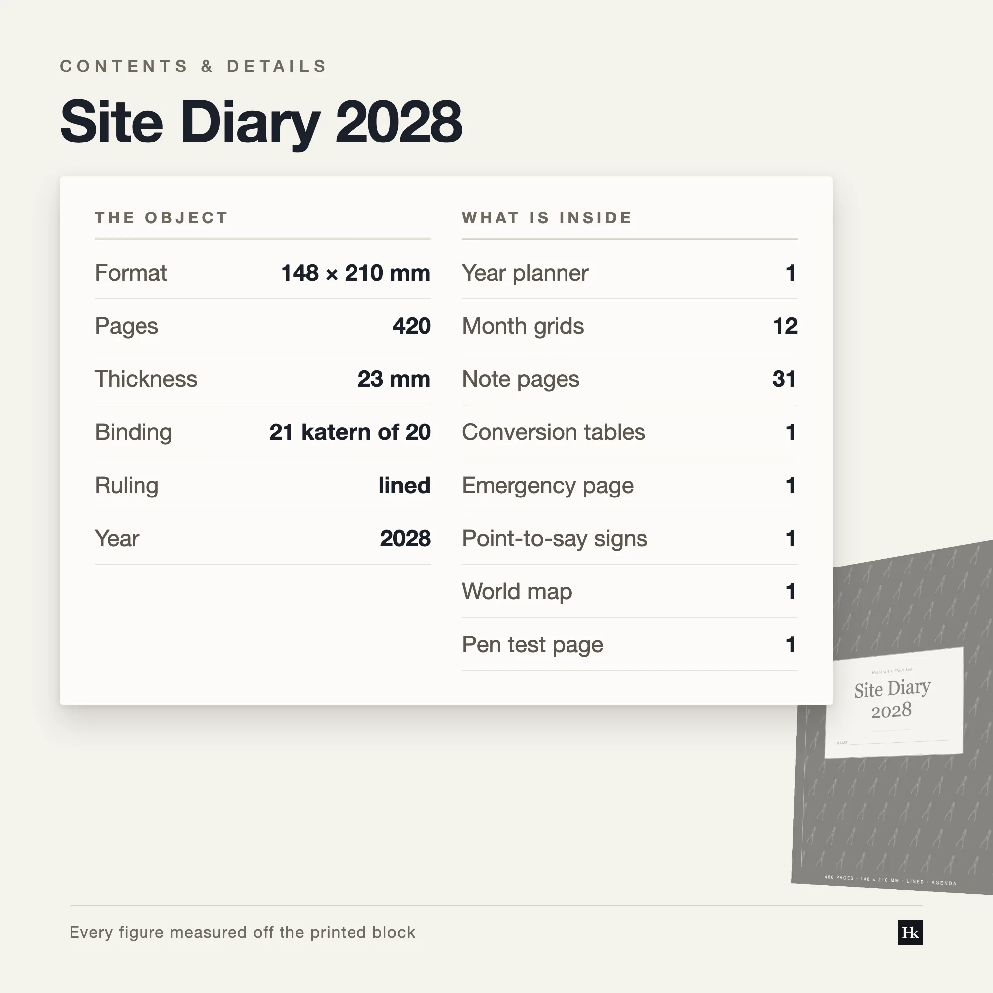 Specification card listing the Site Diary contents: day pages, notes pages, month spreads and reference section.
